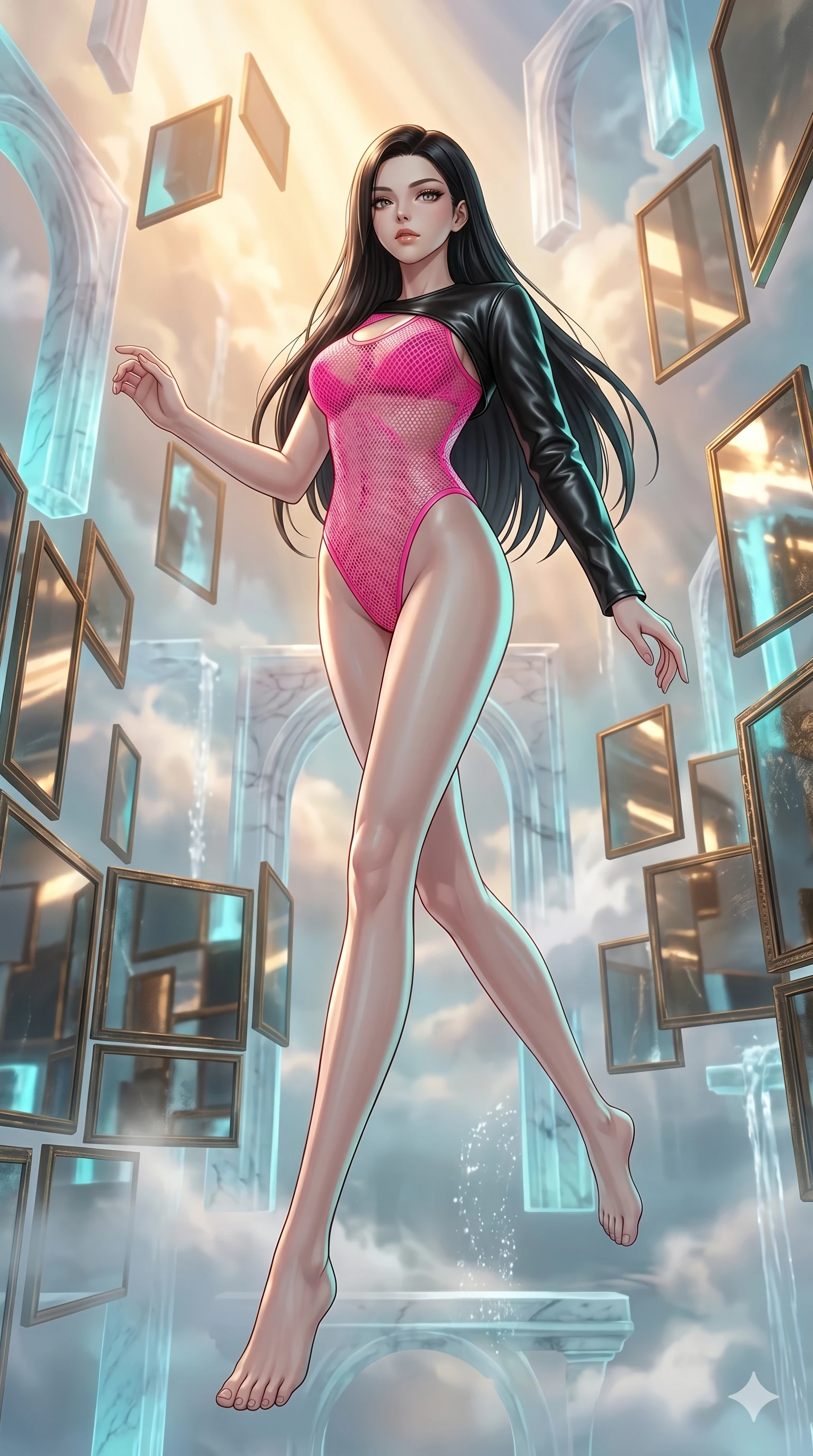 score_9, masterpiece, best quality, ultra-detailed, high-budget anime keyframe, Japanese woman. low angle full-body shot filling the entire 9:16 frame with her statuesque presence, stretching the vertical silhouette. wandering through a mirage cloud cathedral of translucent marble and water mist, surrounded by floating ancient bronze mirror walls. She has an absolutely perfect 8-heads proportion, an exceptionally tall and slender female figure with impossibly long slender legs and an ultra-slim waist. V-shaped jawline, high-bridge nose, intricate jewel-like eyes with depth, thick eyelashes, glossy lips with a natural sheen.. wearing a fluorescent pink mesh bodysuit, styled with a cropped single-sleeve black leather shrug for a bold stage look. showcasing a beautiful play of light and shadow, with warm golden rays clashing against cool cyan highlights. 2k, ultra detail, master piece, 9:16 ratio
