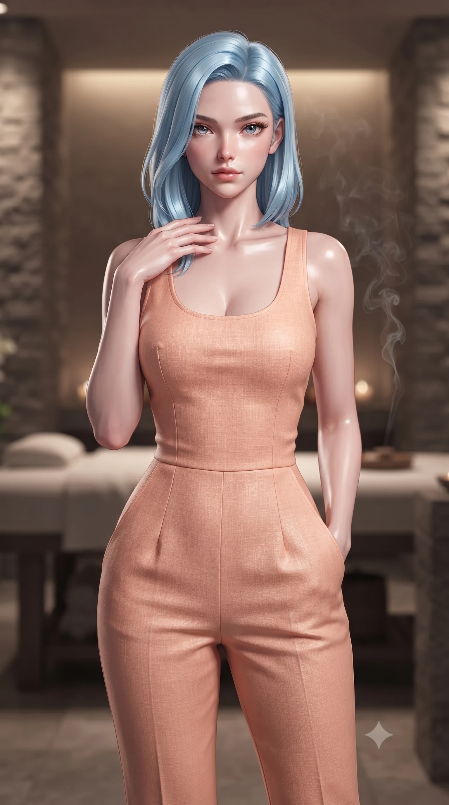 score_9, masterpiece, best quality, ultra-detailed, high-budget anime keyframe, editorial fashion photography, tasteful artistic composition, Korean woman woman. close-up cowboy shot from the waist and thighs up, the character dominates the composition, filling the frame with her large presence, background elements kept in soft focus. standing with one hand resting on her collarbone, looking at the viewer with bedroom-eyes the background shows a soft-focus a private spa suite with a massage table, stone pillars, and soft incense smoke rising. She has an exceptionally elegant, slender, and willowy female figure with an ultra-slim waist, a gracefully sculpted slender torso, and a refined silhouette. sharp v-shaped jawline, high-bridge nose, intricate jewel-like eyes with depth, thick eyelashes, glossy lips with a natural sheen. wearing a body-hugging modern linen jumpsuit in soft peach, featuring a comfortable scoop neckline and side pockets. low-contrast, soft warm ambient uplight casting a peaceful glow. ultra-reflective glossy finish, specular highlights, metallic sheen, high-contrast stereoscopic depth, volumetric dynamic lighting, 2k, ultra detail, master piece, 9:16 ratio