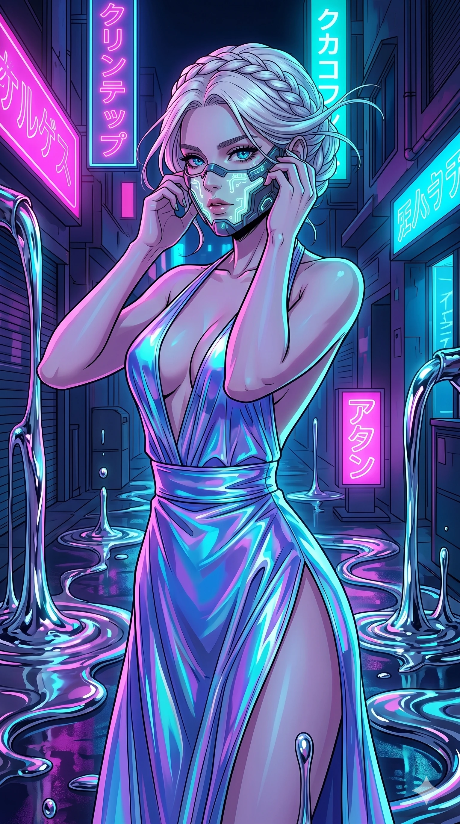 score_9, masterpiece, best quality, ultra-detailed, high-budget anime movie keyframe, cinematic anime lighting, intricate line art, Caucasian (strictly human ears) woman. Upper body filling screen focusing on her alluring features and slim-fit silhouette. adjusting a glowing mask in a neon-lit cyberpunk alleyway with liquid mercury fountains. She has an absolutely perfect 8-heads proportion, an exceptionally tall and slender female figure with an ultra-slim waist and impossibly long slender legs. sharp v-shaped jawline, high-bridge nose, intricate jewel-like eyes, thick eyelashes, glossy lips. Wearing avant-garde high-fashion gown made of iridescent vinyl with a dangerously high side slit and a plunging neckline, revealing an ultra-slim waist and long slender legs. The scene is illuminated by dramatic atmospheric lighting and vibrant color palettes. , 2k, ultra detail, master piece, 9:16 ratio
