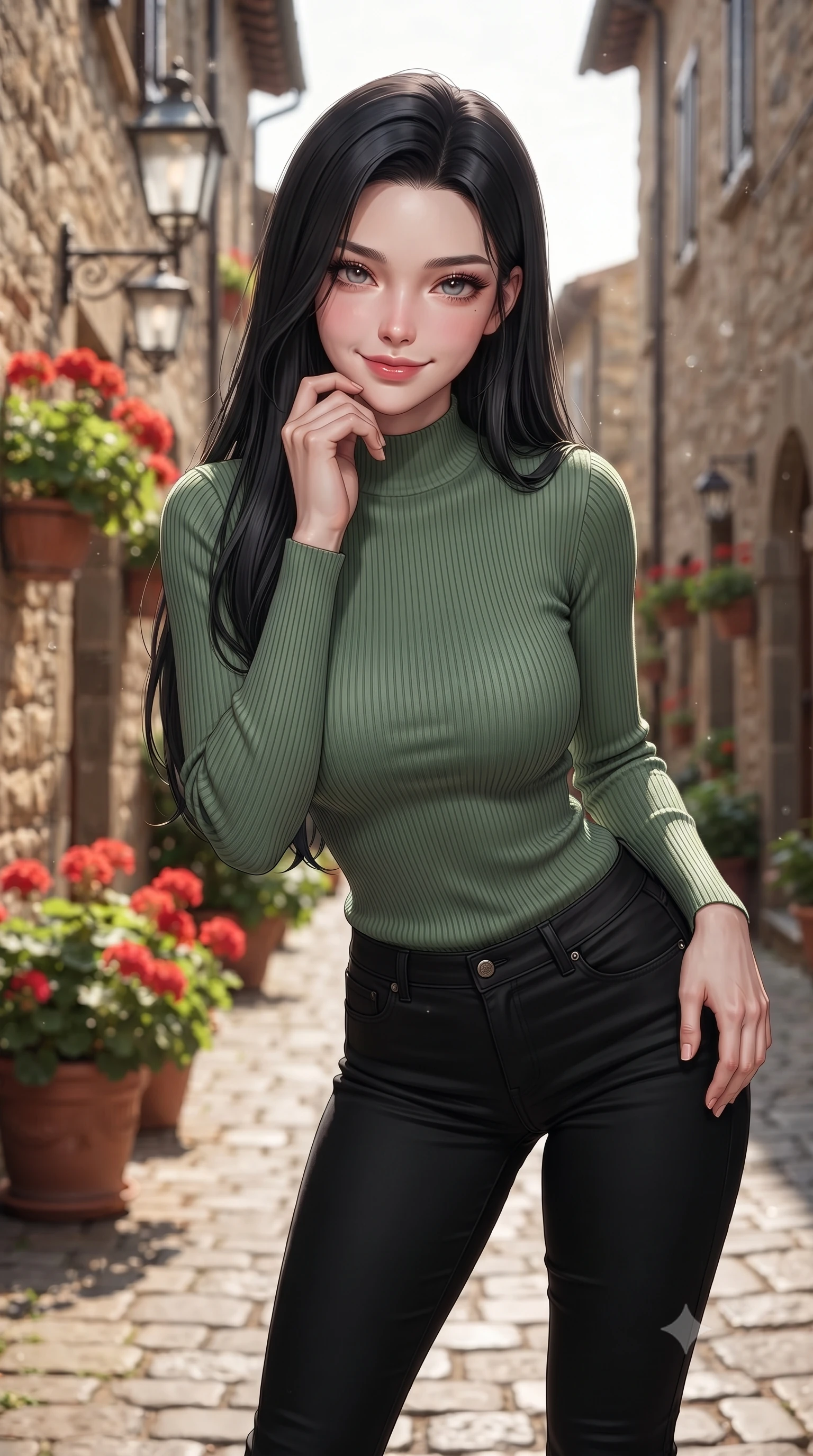 score_9, masterpiece, best quality, ultra-detailed, high-budget anime keyframe, editorial fashion photography, tasteful artistic composition, Korean woman woman. close-up cowboy shot from the waist and thighs up, the character dominates the composition, filling the frame with her large presence, background elements kept in soft focus. leaning slightly forward with a playful, teasing smile, her gaze locked onto the viewer the background shows a soft-focus a narrow cobblestone street in an old European town, lined with flower boxes and street lamps. She has an exceptionally elegant, slender, and willowy female figure with an ultra-slim waist, a gracefully sculpted slender torso, and a refined silhouette. sharp v-shaped jawline, high-bridge nose, intricate jewel-like eyes with depth, thick eyelashes, glossy lips with a natural sheen. wearing a slim-fit tight-fitting ribbed mock-neck top in sage green paired with black skinny pants. soft afternoon sunbeams reflecting off the stone walls and pavement. ultra-reflective glossy finish, specular highlights, metallic sheen, high-contrast stereoscopic depth, volumetric dynamic lighting, 2k, ultra detail, master piece, 9:16 ratio