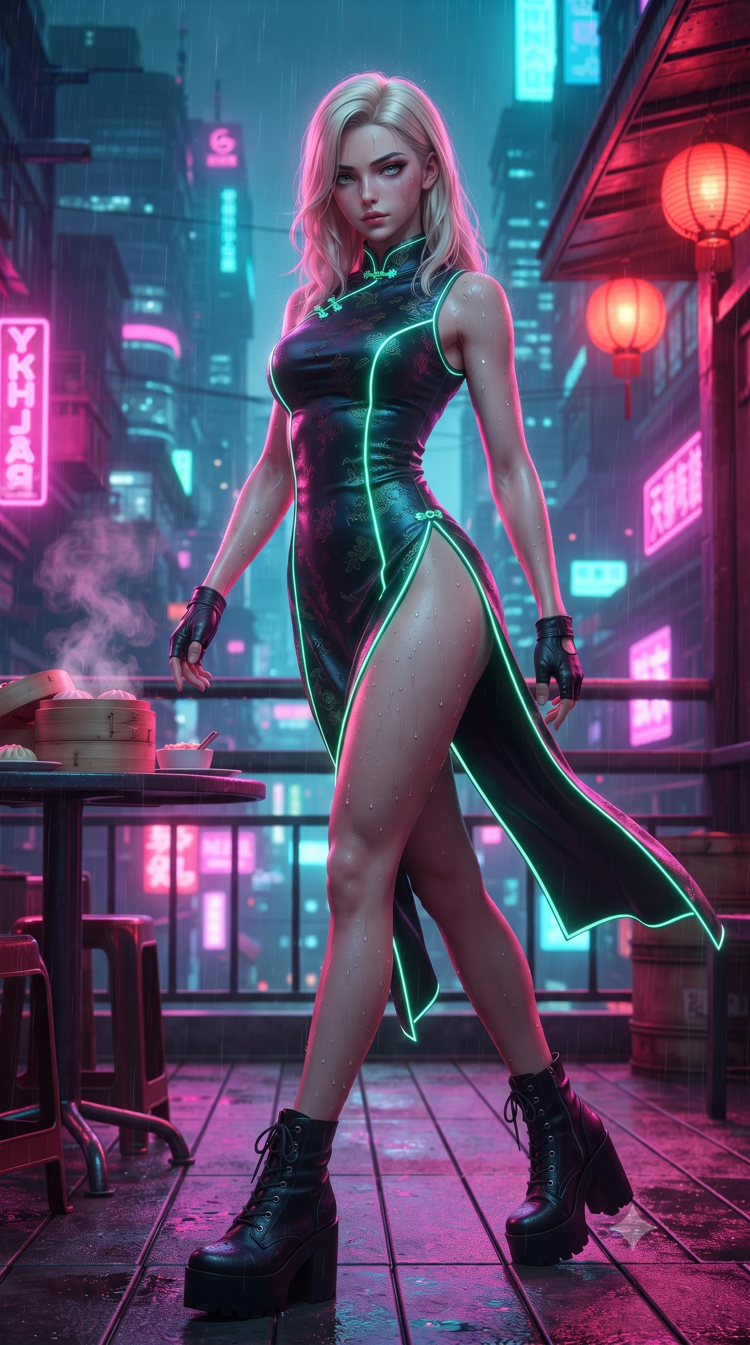 score_9, masterpiece, best quality, ultra-detailed, high-budget anime keyframe, editorial fashion photography, tasteful artistic composition, Caucasian woman. close-up cowboy shot from the waist and thighs up, the character dominates the composition, filling the frame with her large presence. leaning back with relaxed seductive grace, her sculpted collarbones and narrow waist highlighted as she casts smoldering bedroom-eyes directly into the camera while striding across the neon-drenched rooftop deck as steam curls from dim sum bamboo steamers, her high-slit dress fluttering to reveal her long slender legs. The surrounding environment is rendered in vivid detail and crisp panoramic clarity. detailed embroidered silk qipao fabric sheen, raindrops on skin, and cyberpunk cityscape in high clarity. She has an exceptionally elegant, slender, and willowy female figure with an ultra-slim waist, a gracefully sculpted slender torso, toned flat midriff, and rounded feminine hips creating an alluring hourglass silhouette. sharp v-shaped jawline, high-bridge nose, intricate jewel-like eyes with depth, thick eyelashes, glossy parted lips with a natural sheen, intensely captivating and seductive bedroom-eyes expression, flawlessly proportioned anatomical accuracy, strict slender model proportions, natural body alignment, perfectly sculpted long slender limbs, ultra-slim waistline, clean dynamic posture without body distortion. wearing a modernized cyber-qipao mini dress with an ultra-high side slit ascending to the hip and glowing LED piping in neon mint green and dark obsidian, crafted from flexible reflective spandex and tactical webbing, accessorized with bold platform boots and fingerless leather gloves, the form-contouring material adhering flawlessly to her sculpted flat midriff and slender torso, emphasizing her long leg lines and perfectly proportioned willowy build. bathed in vibrant magenta and electric cyan neon light contrasting with warm lantern scarlet downlights. ultra-reflective glossy finish, specular highlights, rich textural contrasts, high-contrast stereoscopic depth, volumetric dynamic lighting, 2k, ultra detail, master piece, 9:16 ratio