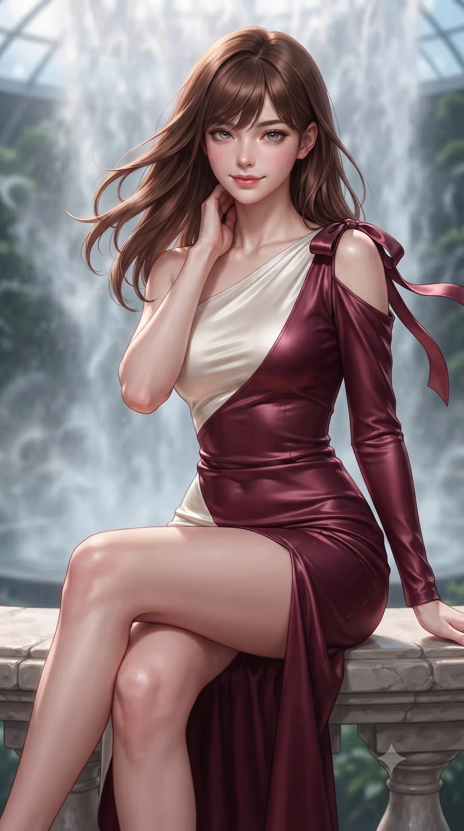 score_9, masterpiece, best quality, ultra-detailed, high-budget anime keyframe, editorial fashion photography, tasteful artistic composition, Korean woman. close-up cowboy shot from the waist and thighs up, the character dominates the composition, filling the frame with her large presence. turning slowly with an enchanting smoldering smile, her glossy hair tossing in the breeze as her hips angle gracefully in a captivating contrapposto while sitting gracefully on the sculptured stone terrace with legs crossed, running one manicured hand slowly down her neck with magnetic poise. The background shows a soft-focus swirling thermal waterfall mist softened in futuristic garden dome shallow focus. She has an exceptionally elegant, slender, and willowy female figure with an ultra-slim waist, flat toned midriff, narrow ribcage, and sculpted feminine hips creating an alluring, slim hourglass silhouette without bulk. sharp v-shaped jawline, high-bridge nose, intricate jewel-like sparkling eyes with depth, thick eyelashes, glossy parted lips with a natural peach sheen, bright cheerful beaming smile with an enchanting and coquettish sensual glint, exuding both youthful cute charm and seductive allure, flawlessly proportioned anatomical accuracy, strict slender model proportions, natural body alignment, perfectly sculpted long slender limbs, ultra-slim waistline, clean dynamic posture without body distortion. wearing a liquid silk jersey asymmetrical long-sleeve cocktail dress clinging flawlessly to her narrow waist and hips in Belvedere ivory pearl and Habsburg bordeaux wine, crafted from bespoke double-faced cashmere with an exceptionally soft tactile finish, finished with satin ribbon ties at the shoulders fluttering in the gentle breeze, the liquid-tight tailored fabric clinging flawlessly to her narrow waist and rounded feminine hips, emphasizing every millimeter of her sculpted slim hourglass curves without any bulky heaviness. illuminated by waterfall spray specular bounce and sharp rainbow-platinum rim lights defining her dewy collarbones, ultra-slim waist, and curvy hips. ultra-reflective glossy finish, specular highlights, rich textural contrasts, high-contrast stereoscopic depth, volumetric dynamic lighting, 2k, ultra detail, master piece, 9:16 ratio