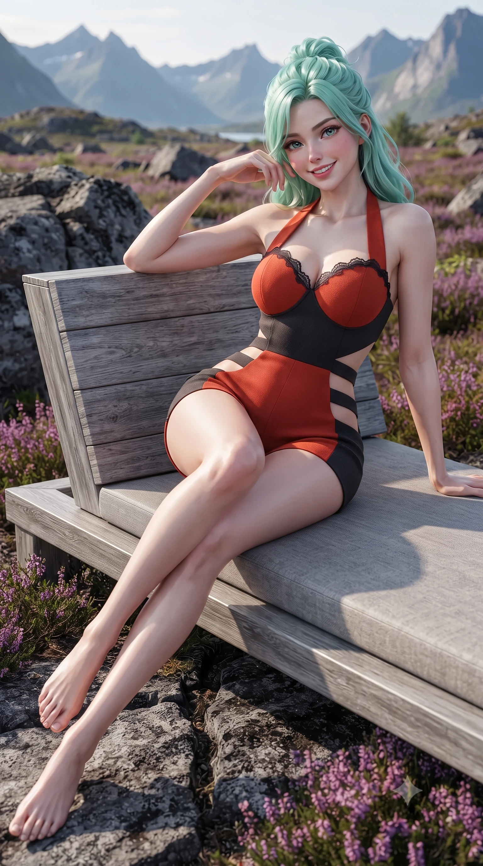 score_9, masterpiece, best quality, ultra-detailed, high-budget anime keyframe, editorial fashion photography, tasteful artistic composition, Japanese woman. close-up cowboy shot from the waist and thighs up, the character dominates the composition, filling the frame with her large presence. tilting her head with a teasing half-smile, running one hand slowly down the side of her hip in a flirtatious S-curve as ambient light caresses her silhouette while lounging in the modern low-profile daybed propped on one elbow with legs extended, displaying her long slender limbs and statuesque hourglass silhouette against the peaks. The surrounding environment is rendered in vivid detail and crisp panoramic clarity: sharp weathered silver-grey larch wood grain, rough basalt rock fractures, and blooming purple heather moor textures in deep focus. She has an exceptionally elegant, slender, and willowy female figure with an ultra-slim waist, flat toned midriff, narrow ribcage, and sculpted feminine hips creating an alluring, slim hourglass silhouette without bulk. sharp v-shaped jawline, high-bridge nose, intricate jewel-like sparkling eyes with depth, thick eyelashes, glossy parted lips with a natural peach sheen, bright cheerful beaming smile with an enchanting and coquettish sensual glint, exuding both youthful cute charm and seductive allure, flawlessly proportioned anatomical accuracy, strict slender model proportions, natural body alignment, perfectly sculpted long slender limbs, ultra-slim waistline, clean dynamic posture without body distortion. wearing a daring low-cut halterneck romper with exposed midriff and strappy hip cutouts in Reinefjorden rorbu vermilion red and obsidian granite, crafted from bespoke double-faced cashmere with an exceptionally soft tactile finish, finished with scalloped eyelash lace trim framing her sweetheart neckline with intimate elegance, the bespoke structured tailoring following the natural line of her 8.5-heads silhouette with refined elegance. illuminated by deck wood reflection bounce and sharp starlight-platinum rim lights defining her razor-sharp jawline, narrow waist, and curvy hips. ultra-reflective glossy finish, specular highlights, rich textural contrasts, high-contrast stereoscopic depth, volumetric dynamic lighting, 2k, ultra detail, master piece, 9:16 ratio