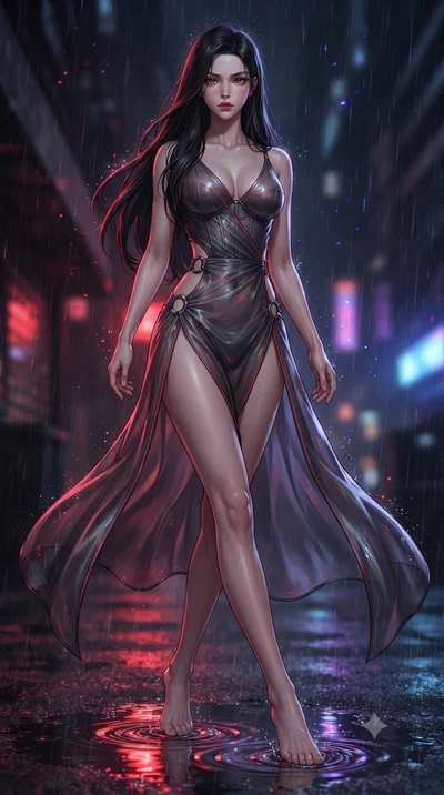 score_9, masterpiece, best quality, ultra-detailed, high-budget anime keyframe, editorial fashion photography, tasteful artistic composition, Korean woman. low angle full-body shot from head to toe showing her feet, filling the entire 9:16 vertical f