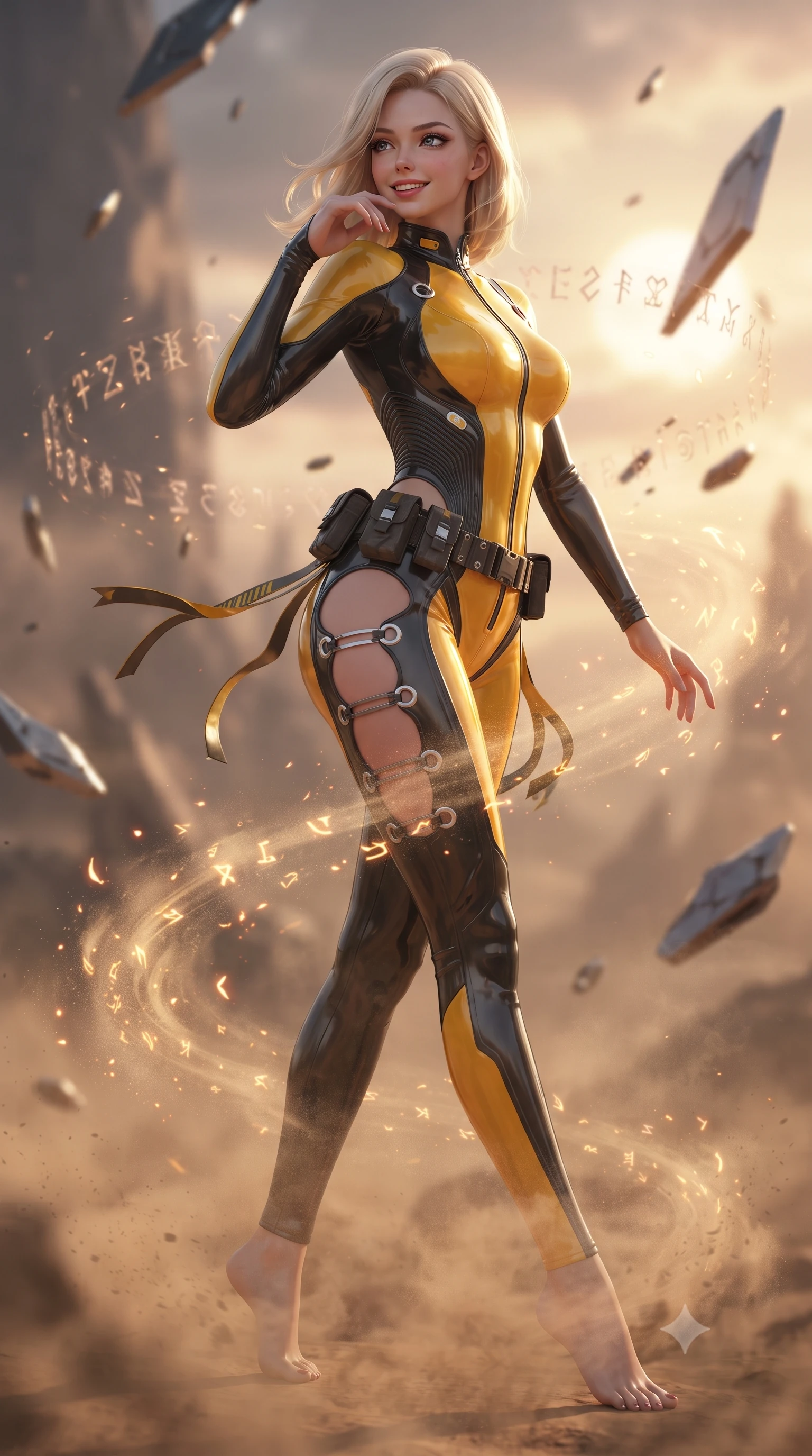 score_9, masterpiece, best quality, ultra-detailed, high-budget anime keyframe, editorial fashion photography, tasteful artistic composition, Caucasian woman. low angle full-body shot from head to toe showing her feet, filling the entire 9:16 vertical frame with her statuesque presence, stretching her vertical silhouette. executing a cheerful mid-motion pivot turn as her tactical belt and ribbons flutter around her slender legs, glancing over her shoulder with an intoxicating, teasing bedroom-gaze while twisting her slender torso in an alluring contrapposto stance, desert dust and floating rune particles swirling around her narrow waist and hips. The background shows a soft-focus floating anti-gravity metallic shards drifting silently in the sub-orbital wind softened in mystical sci-fi shallow focus. She has an absolutely perfect, statuesque 8.5-heads proportion, an exceptionally tall and slender model-like female figure with impossibly long slender legs, an ultra-slim waist, a flat toned midriff, narrow delicate ribcage, and beautifully sculpted feminine hips creating a graceful, slim hourglass silhouette without any bulky heaviness. sharp v-shaped jawline, high-bridge nose, intricate jewel-like sparkling eyes with depth, thick eyelashes, glossy parted lips with a natural sheen, bright confident smile with an enchanting and coquettish sensual glint, exuding both youthful magnetic charm and sovereign high-tech allure, flawlessly proportioned anatomical accuracy, strict slender model proportions, natural body alignment, perfectly sculpted long slender limbs, ultra-slim waistline, clean dynamic posture without body distortion. wearing a high-performance speeder pilot catsuit with ergonomic silicone grip lines and strategic hip cutouts in industrial hazard yellow and matte carbon black, tailored from ultra-reflective glossy liquid vinyl with mirror-like specular highlights, finished with sharp laser-cut side ventilation slits framed by silver hardware rings, the liquid-tight tailored fabric clinging flawlessly to her narrow waist and rounded feminine hips, emphasizing every millimeter of her sculpted slim hourglass curves without any bulky heaviness. bathed in the warm, dramatic twin-sun sunset light casting long sculptural shadows. ultra-reflective glossy finish, specular highlights, rich textural contrasts, high-contrast stereoscopic depth, volumetric dynamic lighting, 2k, ultra detail, master piece, 9:16 ratio