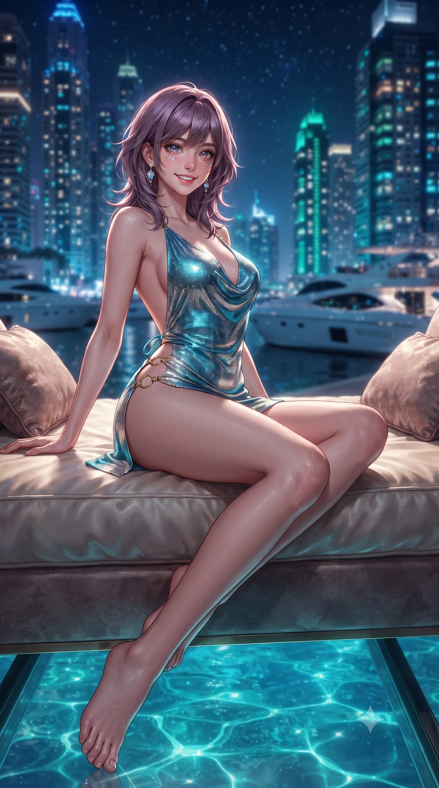 score_9, masterpiece, best quality, ultra-detailed, high-budget anime keyframe, editorial fashion photography, tasteful artistic composition, Japanese woman. low angle full-body shot from head to toe showing her feet, filling the entire 9:16 vertical frame with her statuesque presence, stretching her vertical silhouette. lounging on the lavish daybed with legs crossed and hips angled toward the camera, displaying her toned midriff and long slender limbs with effortless siren poise while twisting her slender torso in an alluring contrapposto stance, shimmering sea water caustics tracing her narrow waist and curvy hips. The background shows a soft-focus towering illuminated skyscrapers of Dubai Marina reflecting on the water, luxury yachts cruising past, and starry night sky blurred into electric sapphire, emerald, and topaz bokeh. She has an exceptionally tall and slender model-like 8.5-heads proportion, an ultra-slim waist, a flat toned midriff, narrow delicate ribcage, and beautifully sculpted feminine hips creating a graceful, slim hourglass silhouette without any bulky heaviness, with impossibly long slender legs. sharp v-shaped jawline, high-bridge nose, intricate jewel-like sparkling eyes with depth, thick eyelashes, glossy parted lips with a natural peach sheen, bright cheerful beaming smile with an enchanting and coquettish sensual glint, exuding both youthful cute charm and seductive allure, flawlessly proportioned anatomical accuracy, strict slender model proportions, natural body alignment, perfectly sculpted long slender limbs, ultra-slim waistline, clean dynamic posture without body distortion. wearing a plunging cowl-neck metallic lame mini dress with a completely open back and delicate waist-cinching ties in Shibuya electric cyan and chrome silver, tailored from ultra-plush silk velvet with rich tactile depth and deep shadow gradients, finished with fine gold ring clasps securing the daring side openings along her hip line, the second-skin tailored fabric adhering flawlessly to her sculpted flat midriff and slender torso, emphasizing her long leg lines and perfectly proportioned willowy build. illuminated by glass floor upward bounce and sharp platinum-cyan rim lights defining her jawline, flat midriff, and feminine hips. ultra-reflective glossy finish, specular highlights, rich textural contrasts, high-contrast stereoscopic depth, volumetric dynamic lighting, 2k, ultra detail, master piece, 9:16 ratio