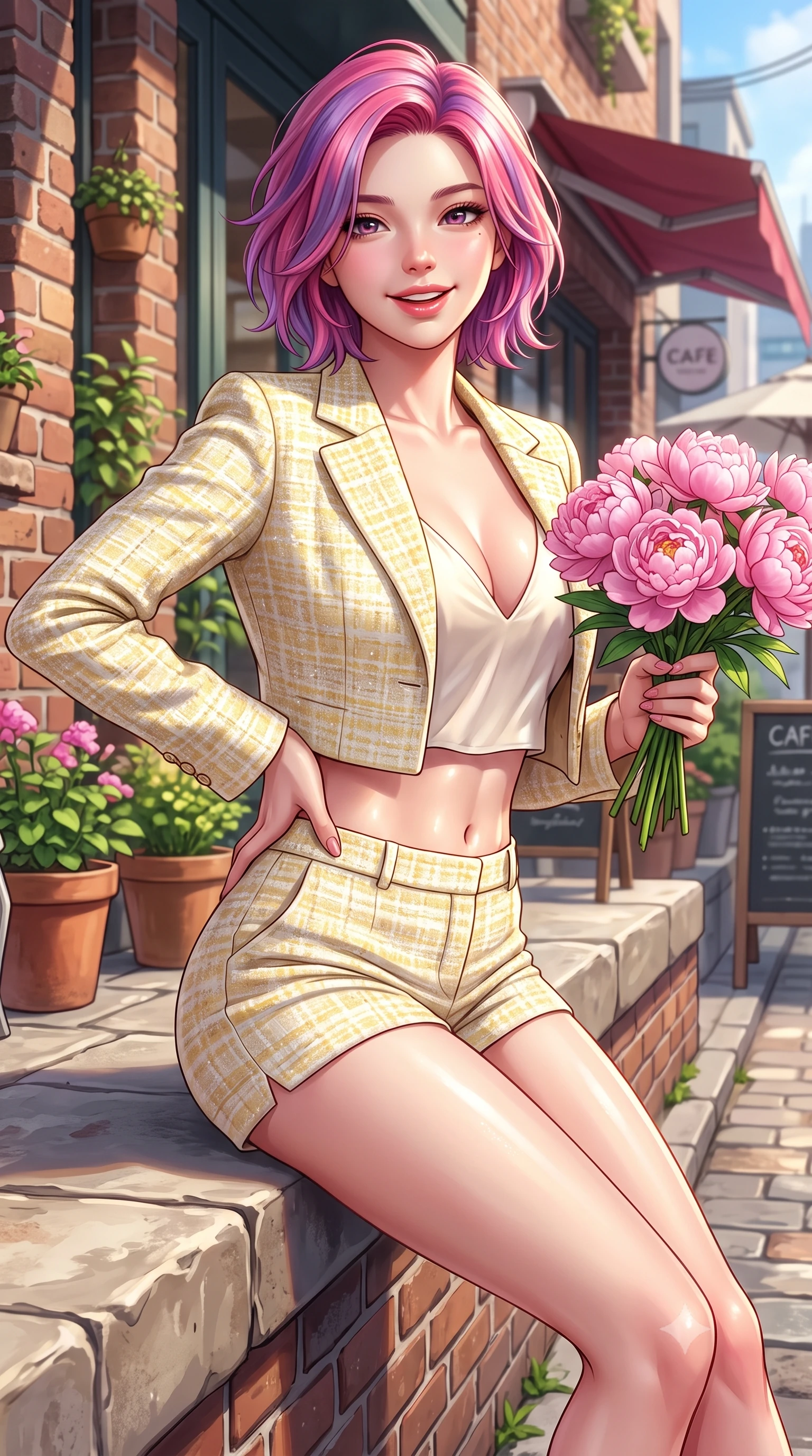 score_9, masterpiece, best quality, ultra-detailed, high-budget anime keyframe, semi-realistic 3D game render, editorial fashion photography, tasteful artistic composition, Caucasian woman. close-up cowboy shot from the waist and thighs up, the character dominates the composition, filling the frame with her large presence. twisting her slender torso in an alluring contrapposto stance, one hand resting on her sculpted hip while flashing a radiant, playful smile with parted glossy lips while sitting perched on the boutique terrace ledge with legs crossed, holding a bouquet of fresh peonies with a radiant, coquettish expression. The surrounding environment is rendered in vivid detail and crisp panoramic clarity. detailed fabric drape, golden sunlight glints on skin, and Hannam alleyway clarity in high resolution. She has an exceptionally elegant, slender, and willowy female figure with an ultra-slim waist, flat toned midriff, narrow ribcage, and sculpted feminine hips creating an alluring, slim hourglass silhouette without bulk. sharp v-shaped jawline, high-bridge nose, intricate jewel-like sparkling eyes with depth, thick eyelashes, glossy parted lips with a natural peach sheen, bright cheerful beaming smile with an enchanting and coquettish sensual glint, exuding both youthful cute charm and seductive allure, flawlessly proportioned anatomical accuracy, strict slender model proportions, natural body alignment, perfectly sculpted long slender limbs, ultra-slim waistline, clean dynamic posture without body distortion. wearing a chic cropped linen blazer worn with a plunging-V camisole and high-waisted tailored hot-pants showcasing her long slender legs in bright butter yellow and fresh cream white, tailored from soft pastel tweed with subtle metallic shimmer, featuring elegant flutter sleeves and a graceful square neckline, the form-contouring cut accentuating her sculpted flat midriff, narrow delicate ribcage, and gracefully curvy hips with supermodel precision. illuminated by crisp directional highlights accentuating her sculpted midriff, narrow waist, and curvy hips. highly saturated vibrant anime colors, detailed shading with soft gradients, rich glossy textures, high-contrast stereoscopic depth, volumetric dynamic lighting, master piece, 9:16 ratio