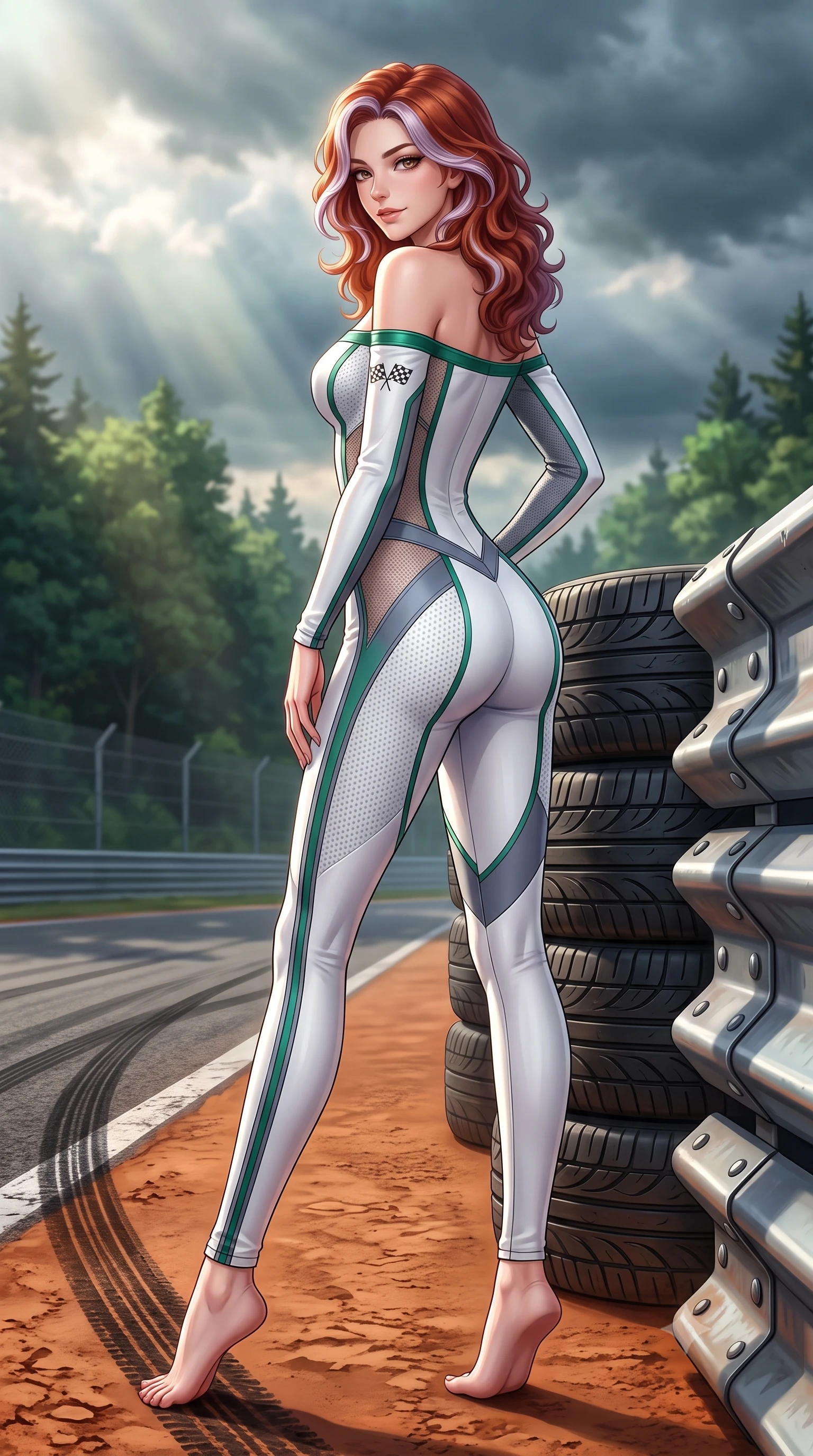score_9, masterpiece, best quality, ultra-detailed, high-budget anime keyframe, semi-realistic 3D game render, editorial fashion photography, tasteful artistic composition, Caucasian woman. low angle full-body shot from head to toe showing her feet, filling the entire 9:16 vertical frame with her statuesque presence, stretching her vertical silhouette. walking slowly along the clay court baseline, looking back over her shoulder with an air of effortless grace and an alluring, smoldering smile while leaning against the pit wall tire stack with hips cocked back, looking over a bare shoulder with an intoxicating, adrenaline-charged smile. The surrounding environment is rendered in vivid detail and crisp panoramic clarity: sharp rubber skid mark patterns on tarmac, tire stack texture, and steel safety barrier rivets in deep focus. She has an absolutely perfect, statuesque 8.5-heads proportion, an exceptionally tall and slender model-like female figure with impossibly long slender legs, an ultra-slim waist, a flat toned midriff, narrow delicate ribcage, and beautifully sculpted feminine hips creating a graceful, slim hourglass silhouette without any bulky heaviness. sharp v-shaped jawline, high-bridge nose, sparkling eyes with athletic focus and depth, thick curled eyelashes, glossy parted lips with a natural coral-peach sheen, bright confident and coquettish smile with alluring bedroom-eyes, exuding both youthful sporty vigor and sovereign high-society glamour, flawlessly proportioned anatomical accuracy, strict slender model proportions, natural body alignment, perfectly sculpted long slender limbs, ultra-slim waistline, clean dynamic posture without body distortion. wearing a form-fitting white-and-emerald paddock racing jumpsuit with strategic sheer mesh panels along the torso and thighs in speedway charcoal slate and optic white accents, woven from semi-opaque performance athletic mesh with hexagonal micro-perforations, finished with contrasting racing stripe tape and subtle checkered flag embroidery, the form-fitting tailored bodice adhering flawlessly to her sculpted flat midriff and slender torso, emphasizing her long leg lines and perfectly proportioned willowy build. bathed in dynamic shifting Ardennes sunbeams breaking through moody forest clouds. highly saturated vibrant anime colors, detailed shading with soft gradients, rich glossy textures, high-contrast stereoscopic depth, volumetric dynamic lighting, master piece, 9:16 ratio