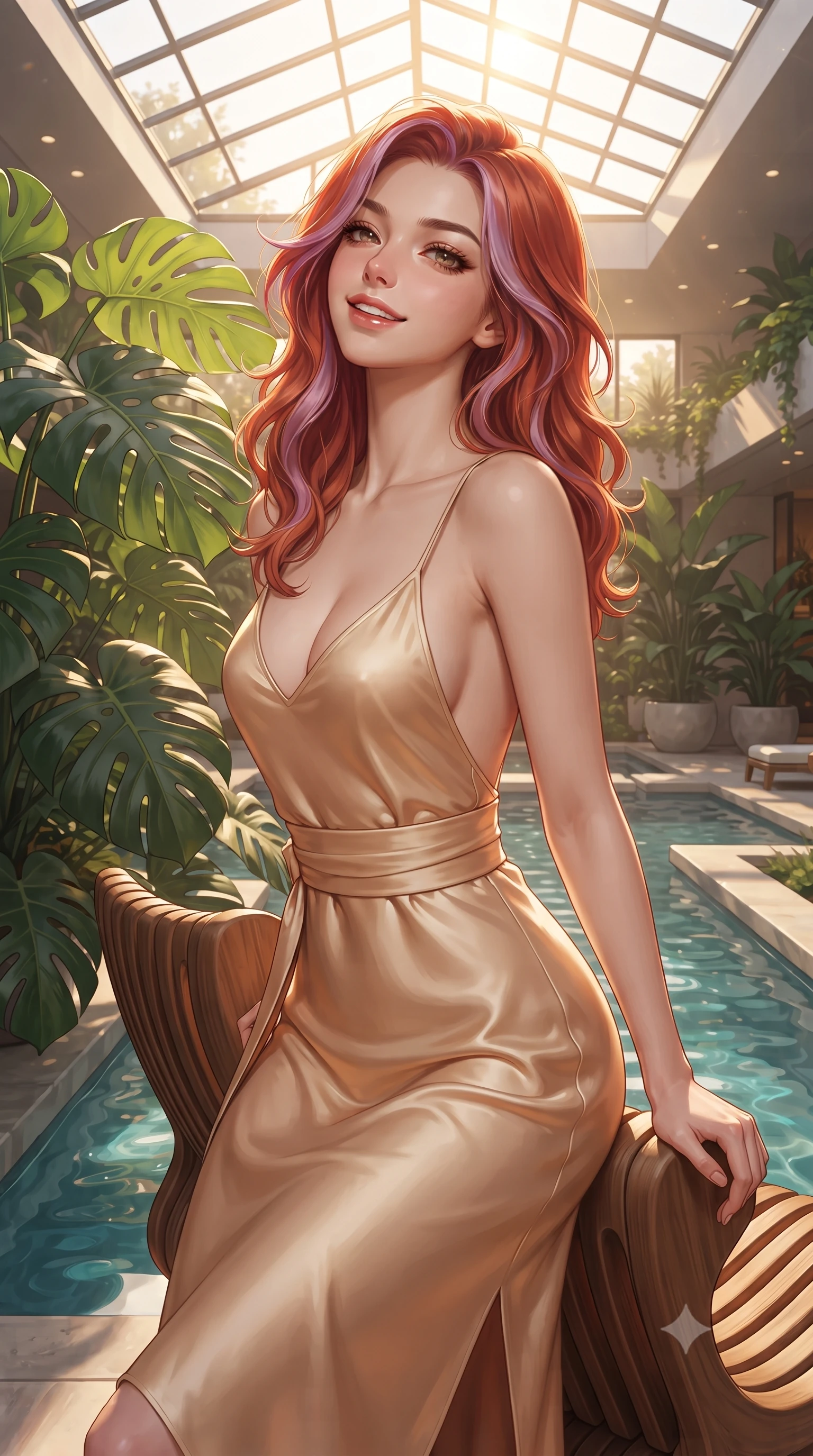 score_9, masterpiece, best quality, ultra-detailed, high-budget anime keyframe, editorial fashion photography, tasteful artistic composition, Caucasian woman. close-up cowboy shot from the waist and thighs up, the character dominates the composition, filling the frame with her large presence. tilting her chin up with proud, sovereign allure while gazing through thick eyelashes with an irresistible, dangerous bedroom-gaze while leaning back against sculpted ergonomic teak furniture surrounded by giant monstera leaves, smiling with radiant warmth. The surrounding environment is rendered in vivid detail and crisp panoramic clarity. detailed architectural greenery, flowing water channels, and fabric textures in crisp panoramic resolution. She has an exceptionally elegant, slender, and willowy female figure with an ultra-slim waist, a gracefully sculpted slender torso, toned flat midriff, and a refined slim silhouette. sharp v-shaped jawline, high-bridge nose, intricate jewel-like eyes with depth, thick eyelashes, glossy parted lips with a natural sheen, intensely captivating and seductive expression, flawlessly proportioned anatomical accuracy, strict slender model proportions, natural body alignment, perfectly sculpted long slender limbs, ultra-slim waistline, clean dynamic posture without body distortion. wearing a radiant champagne silk slip dress with an ultra-deep plunging back and delicate thin straps in warm apricot and glowing solar champagne, made of liquid bamboo jersey adhering seamlessly to her slender frame, accented with a wide sash belt cinching her impossibly narrow waist, the relaxed yet flattering fit accentuating her naturally graceful and slender figure, highlighting her tall statuesque proportions. bathed in glorious golden hour sunlight streaming through the solar glass ceiling. ultra-reflective glossy finish, specular highlights, rich textural contrasts, high-contrast stereoscopic depth, volumetric dynamic lighting, 2k, ultra detail, master piece, 9:16 ratio