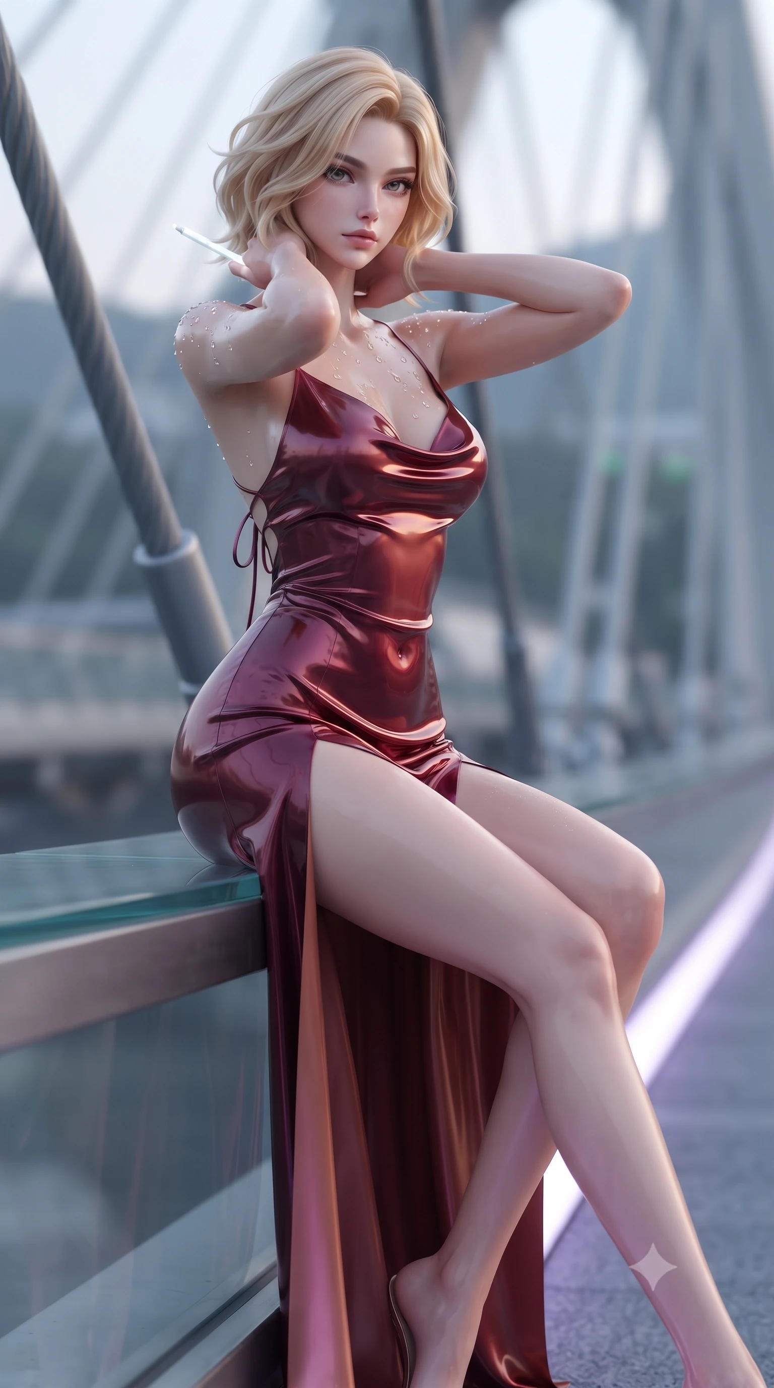 score_9, masterpiece, best quality, ultra-detailed, high-budget anime keyframe, editorial fashion photography, tasteful artistic composition, Caucasian woman. close-up cowboy shot from the waist and thighs up, the character dominates the composition, filling the frame with her large presence. resting both hands lightly behind her neck with elbows raised, arching her spine to highlight her narrow waist, flat midriff, and breathtaking collarbones while perched sideways on the glass bridge curb with legs extended gracefully, holding an illuminated data stylus with effortless cool. The background shows a soft-focus suspended bridge structural cables softened in futuristic eco-architecture shallow focus. She has an exceptionally elegant, slender, and willowy female figure with an ultra-slim waist, flat toned midriff, narrow ribcage, and sculpted feminine hips creating an alluring, slim hourglass silhouette without bulk. sharp v-shaped jawline, high-bridge nose, sparkling eyes with hypnotic seductive depth, thick curled eyelashes, glossy parted lips with a natural dewy peach sheen, alluring bedroom-eyes with an enchanting coquettish smile, exuding magnetic siren charisma and sophisticated glamour, flawlessly proportioned anatomical accuracy, strict slender model proportions, natural body alignment, perfectly sculpted long slender limbs, ultra-slim waistline, clean dynamic posture without body distortion. wearing a plunging cowl-neck liquid silk satin slip gown with daring hip-high double slits and delicate back ties in smoldering crimson wine and deep rose-gold, crafted from wet-look high-gloss vinyl fabric with dazzling specular surface reflections, finished with glistening drops of pool water beading across her sculpted shoulders and collarbones, the glove-like clinging cut tightly following the natural contour of her hips and long slender legs with youthful 8.5-heads elegance. bathed in specialized ultraviolet and cool daylight grow-lighting arrays mixed with bridge floor LED strips. ultra-reflective glossy finish, specular highlights, rich textural contrasts, high-contrast stereoscopic depth, volumetric dynamic lighting, 2k, ultra detail, master piece, 9:16 ratio