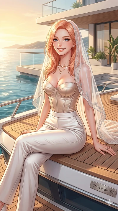 score_9, masterpiece, best quality, ultra-detailed, high-budget anime keyframe, vibrant anime aesthetic, Japanese woman. cowboy shot from the thighs up, character and outfit filling the frame for maximum presence. She is sitting on the yacht deck, sm
