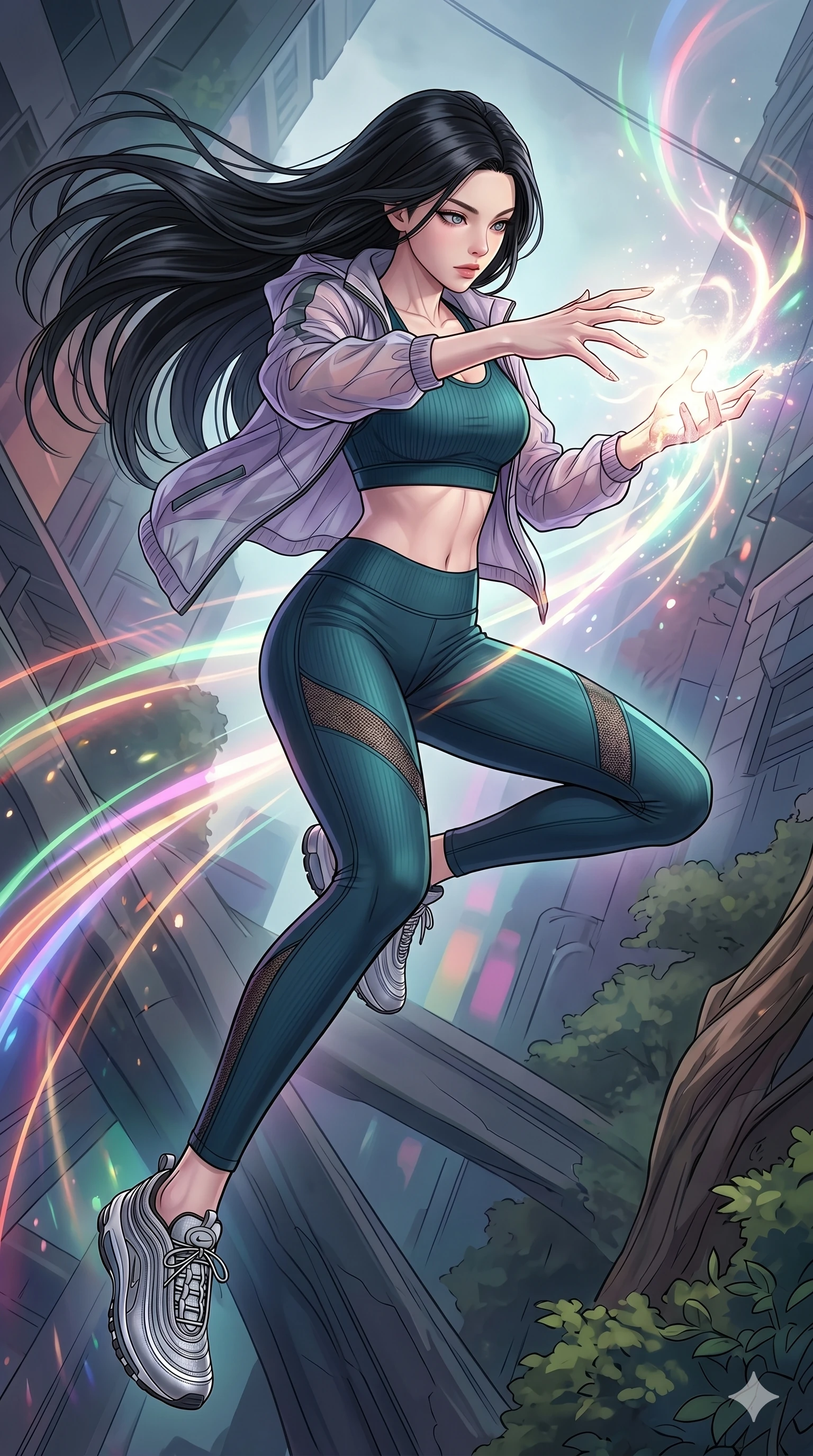score_9, masterpiece, best quality, ultra-detailed, high-budget anime movie keyframe, cinematic anime lighting, intricate line art, Korean woman. Extreme high angle shot as she leaps towards the camera, filling the frame. looking at her own hands as they start to turn into light. She has an absolutely perfect 8-heads proportion, an exceptionally tall and slender female figure with an ultra-slim waist and impossibly long slender legs. strictly human anatomy, two legs only, no extra limbs, clearly defined legs and arms, perfect anatomy, perfect hands and fingers. sharp v-shaped jawline, high-bridge nose, intricate jewel-like eyes, thick eyelashes, glossy lips. Wearing Premium Athleisure: Ribbed sports bra and leggings set, sheer windbreaker, and sleek high-performance activewear. The scene is illuminated by dramatic atmospheric lighting and vibrant color palettes. , 2k, ultra detail, master piece, 9:16 ratio