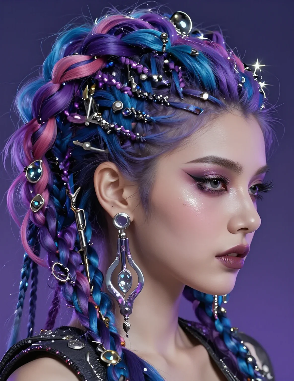 Fantasy-inspired innovative hairstyle, vibrant multicolored hair, intricate braids, shiny accessories, metallic accents, glossy texture, futuristic style, avant-garde design, cyberpunk influence, detailed and realistic, vibrant colors like blues, purples, pinks, and silvers, neon lighting, focus on intricate details, high-quality digital art, specialized in fashion and fantasy.