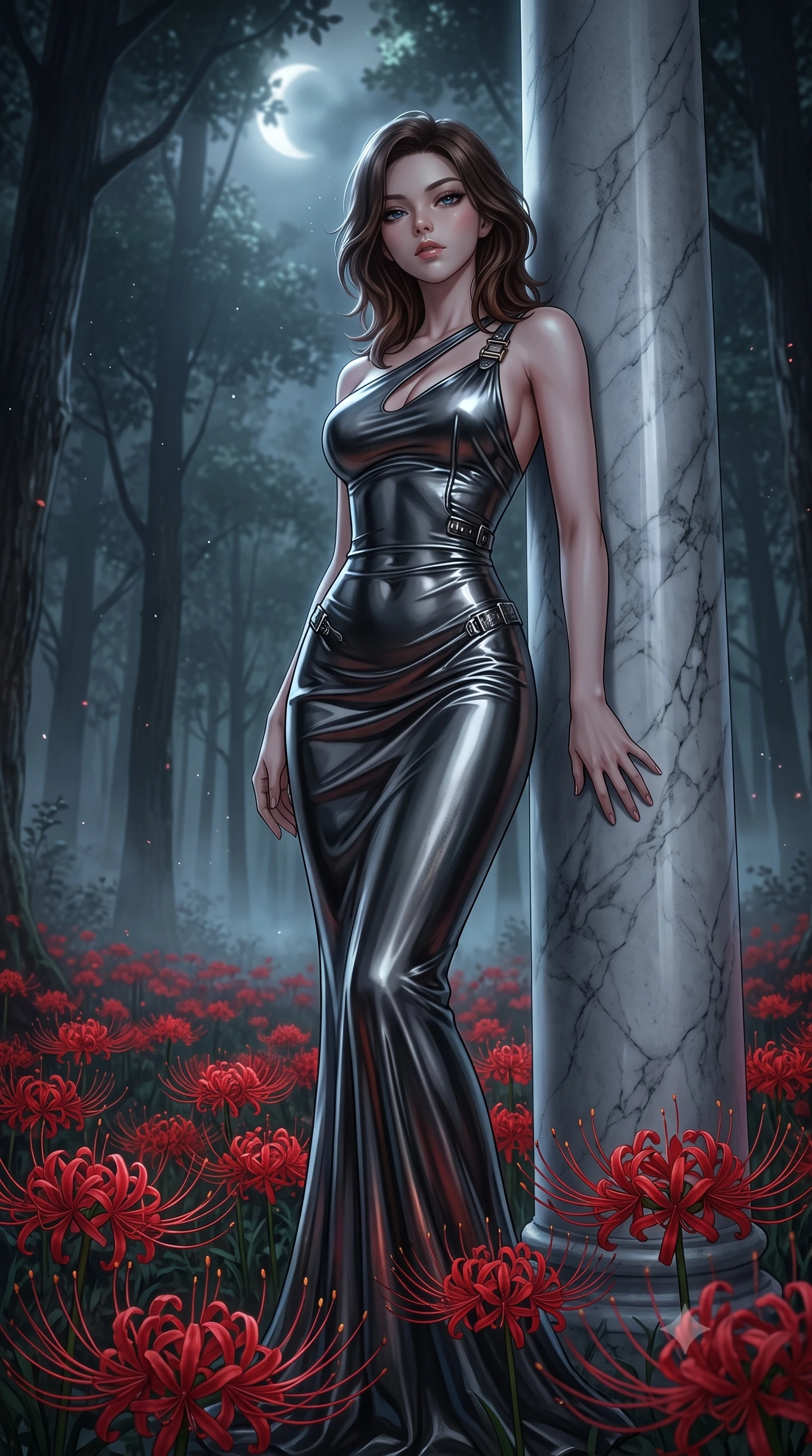 score_9, masterpiece, best quality, ultra-detailed, High-budget Anime Keyframe, East Asian woman. Low angle cowboy shot filling the entire 9:16 frame with her statuesque presence. Scenario 288: leaning against a cold marble pillar inside a misty dark forest under a crescent moon with red spider lilies blooming. Her presence is magnetic and overpowering in this high-budget anime scene. Outfit 288: a body-hugging molten liquid silk long with a low-cut shoulder and metallic buckles. The clothing is designed to emphasize her exceptionally tall and slender 8-heads proportion. 8-heads proportion, towering silhouette, ultra-slim waist. sharp v-shaped jawline, intricate jewel-like eyes with depth, thick eyelashes, glossy lips. 2k, ultra detail, master piece, 9:16 ratio