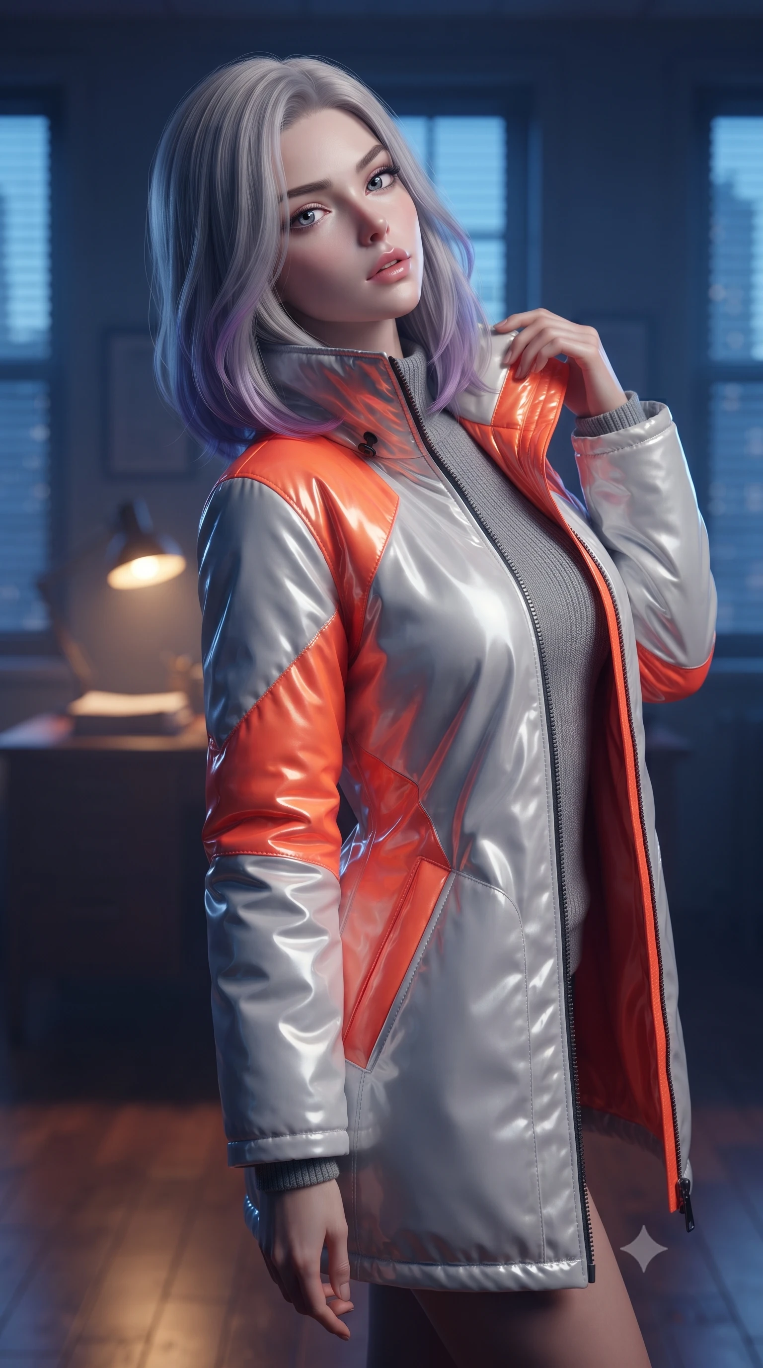 score_9, masterpiece, best quality, ultra-detailed, high-budget anime keyframe, editorial fashion photography, tasteful artistic composition, Caucasian woman. close-up cowboy shot from the waist and thighs up, the character dominates the composition, filling the frame with her large presence, background elements kept in soft focus. tilting her chin up slightly with lips parted in a composed, provocative expression the background shows a soft-focus a dimly lit detective office with rotating window blinds casting horizontal shadows. She has an exceptionally elegant, slender, and willowy female figure with an ultra-slim waist, a gracefully sculpted slender torso, and a refined silhouette. sharp v-shaped jawline, high-bridge nose, intricate jewel-like eyes with depth, thick eyelashes, glossy lips with a natural sheen. wearing a form-contouring heavy polar-station parka in white and neon orange tech-fabric, over a grey utility sweater. cool blue city twilight key light contrasting with the warm amber glow of a desk lamp. ultra-reflective glossy finish, specular highlights, metallic sheen, high-contrast stereoscopic depth, volumetric dynamic lighting, 2k, ultra detail, master piece, 9:16 ratio