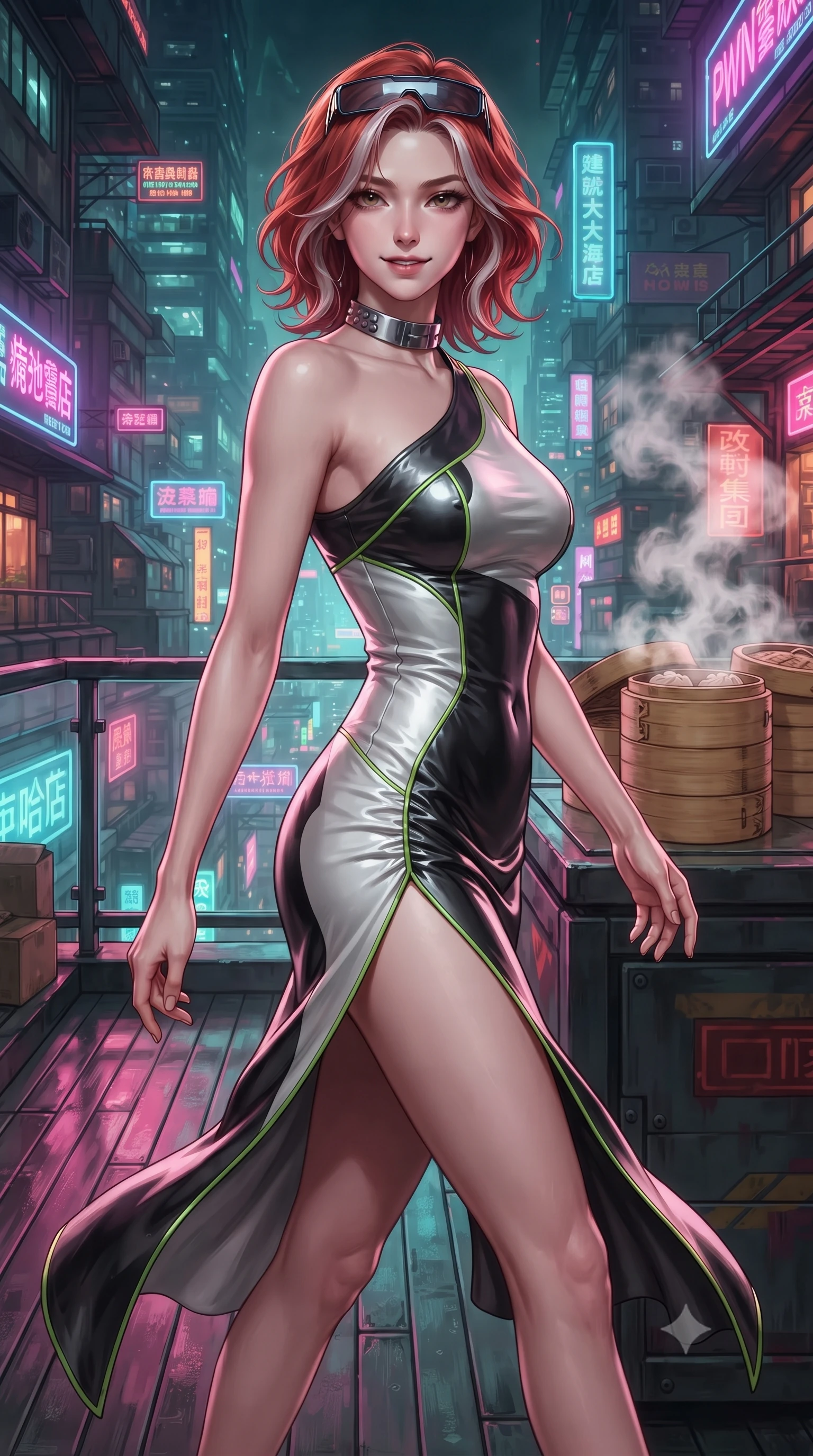 score_9, masterpiece, best quality, ultra-detailed, high-budget anime keyframe, editorial fashion photography, tasteful artistic composition, Caucasian woman. close-up cowboy shot from the waist and thighs up, the character dominates the composition, filling the frame with her large presence. turning over a bare shoulder with an intoxicating, teasing smile, her soft hair framing her sharp jawline as her hips angle gracefully while striding across the neon-drenched rooftop deck as steam curls from dim sum bamboo steamers, her high-slit dress fluttering to reveal her long slender legs. The surrounding environment is rendered in vivid detail and crisp panoramic clarity. intense Wong Kar-wai inspired neo-noir chiaroscuro and atmospheric cyberpunk metropolis aesthetics in precision. She has an exceptionally elegant, slender, and willowy female figure with an ultra-slim waist, a gracefully sculpted slender torso, toned flat midriff, and rounded feminine hips creating an alluring hourglass silhouette. sharp v-shaped jawline, high-bridge nose, intricate jewel-like eyes with depth, thick eyelashes, glossy parted lips with a natural sheen, intensely captivating and seductive bedroom-eyes expression, flawlessly proportioned anatomical accuracy, strict slender model proportions, natural body alignment, perfectly sculpted long slender limbs, ultra-slim waistline, clean dynamic posture without body distortion. wearing an asymmetric one-shoulder metallic qipao gown with neon green accents and hip-defining ruching in high-contrast monochrome white and glossy black, crafted from supple second-skin lambskin leather with liquid drape, accessorized with cyber-visor sunglasses resting on her brow and chunky silver choker, the glove-like aerodynamic silhouette tightly following the natural contour of her hips and long slender legs with statuesque precision. surrounded by an enigmatic, sultry, and breathtakingly hypnotic cyber-femme fatale aura. ultra-reflective glossy finish, specular highlights, rich textural contrasts, high-contrast stereoscopic depth, volumetric dynamic lighting, 2k, ultra detail, master piece, 9:16 ratio