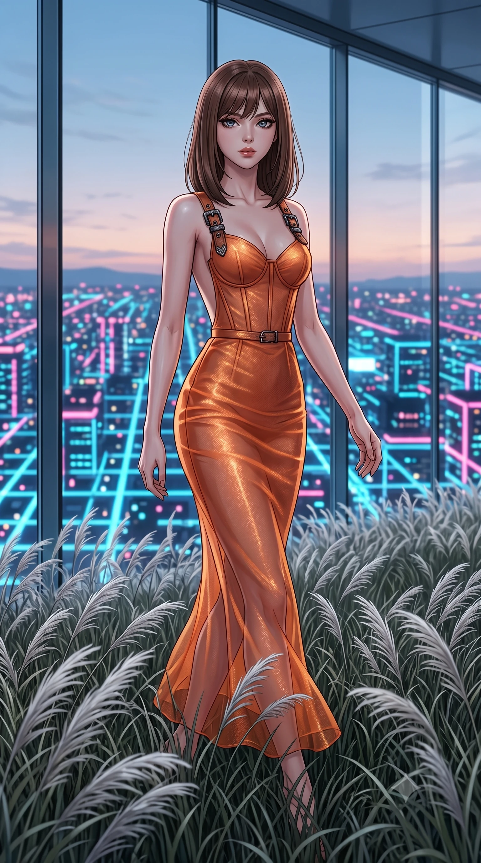 score_9, masterpiece, best quality, ultra-detailed, High-budget Anime Keyframe, East Asian woman. Low angle cowboy shot filling the entire 9:16 frame with her statuesque presence. Scenario 544: walking through a field of tall silver grass at a luxury penthouse with floor-to-ceiling glass walls overlooking a neon grid. Her presence is magnetic and overpowering in this high-budget anime scene. Outfit 544: a slim-fit sunset orange sheer organza corset dress with a dramatic backless design and metallic buckles. The clothing is designed to emphasize her exceptionally tall and slender 8-heads proportion. 8-heads proportion, towering silhouette, ultra-slim waist. sharp v-shaped jawline, intricate jewel-like eyes with depth, thick eyelashes, glossy lips. 2k, ultra detail, master piece, 9:16 ratio