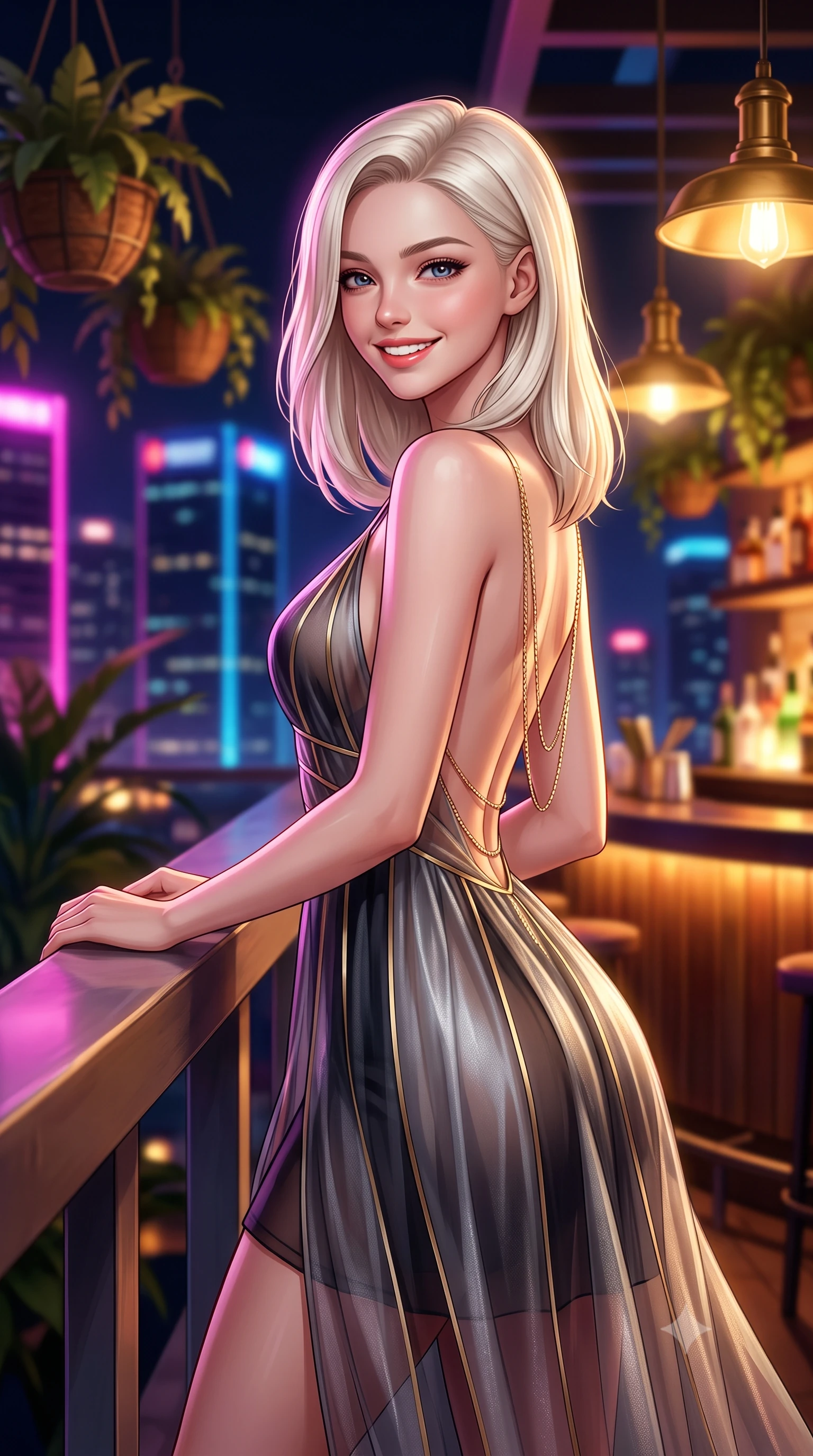 score_9, masterpiece, best quality, ultra-detailed, high-budget anime keyframe, semi-realistic 3D game render, editorial fashion photography, tasteful artistic composition, Caucasian woman. close-up cowboy shot from the waist and thighs up, the character dominates the composition, filling the frame with her large presence. leaning back against the balustrade with relaxed seductive grace, head tilted back slightly while casting a hypnotic, heavy-lidded gaze while twisting her slender torso in an alluring contrapposto stance beside the illuminated bar, warm cocktail lamp light tracing her flat midriff and curvy hips. The background shows a soft-focus hanging tropical plant baskets softened in trendy Singapore rooftop bar shallow focus. She has an exceptionally elegant, slender, and willowy female figure with an ultra-slim waist, flat toned midriff, narrow ribcage, and sculpted feminine hips creating an alluring, slim hourglass silhouette without bulk. sharp v-shaped jawline, high-bridge nose, intricate jewel-like sparkling eyes with depth, thick eyelashes, glossy parted lips with a natural peach sheen, bright cheerful beaming smile with an enchanting and coquettish sensual glint, exuding both youthful cute charm and seductive allure, flawlessly proportioned anatomical accuracy, strict slender model proportions, natural body alignment, perfectly sculpted long slender limbs, ultra-slim waistline, clean dynamic posture without body distortion. wearing a plunge-front sheer illusion tulle slip dress with liquid gold ribbon stripes hugging her curves in Joshua Tree Mojave obsidian and starlight platinum, crafted from translucent silk organza with an ethereal crystalline sheen, accented with an open-back drape framed by falling strands of delicate gold chains, the impeccably tailored cut draping gracefully along her slender figure with aristocratic poise. bathed in the warm golden 2300K glow of vintage brass lamps mixed with electric magenta and sapphire city skyscraper reflections. highly saturated vibrant anime colors, detailed shading with soft gradients, rich glossy textures, high-contrast stereoscopic depth, volumetric dynamic lighting, master piece, 9:16 ratio