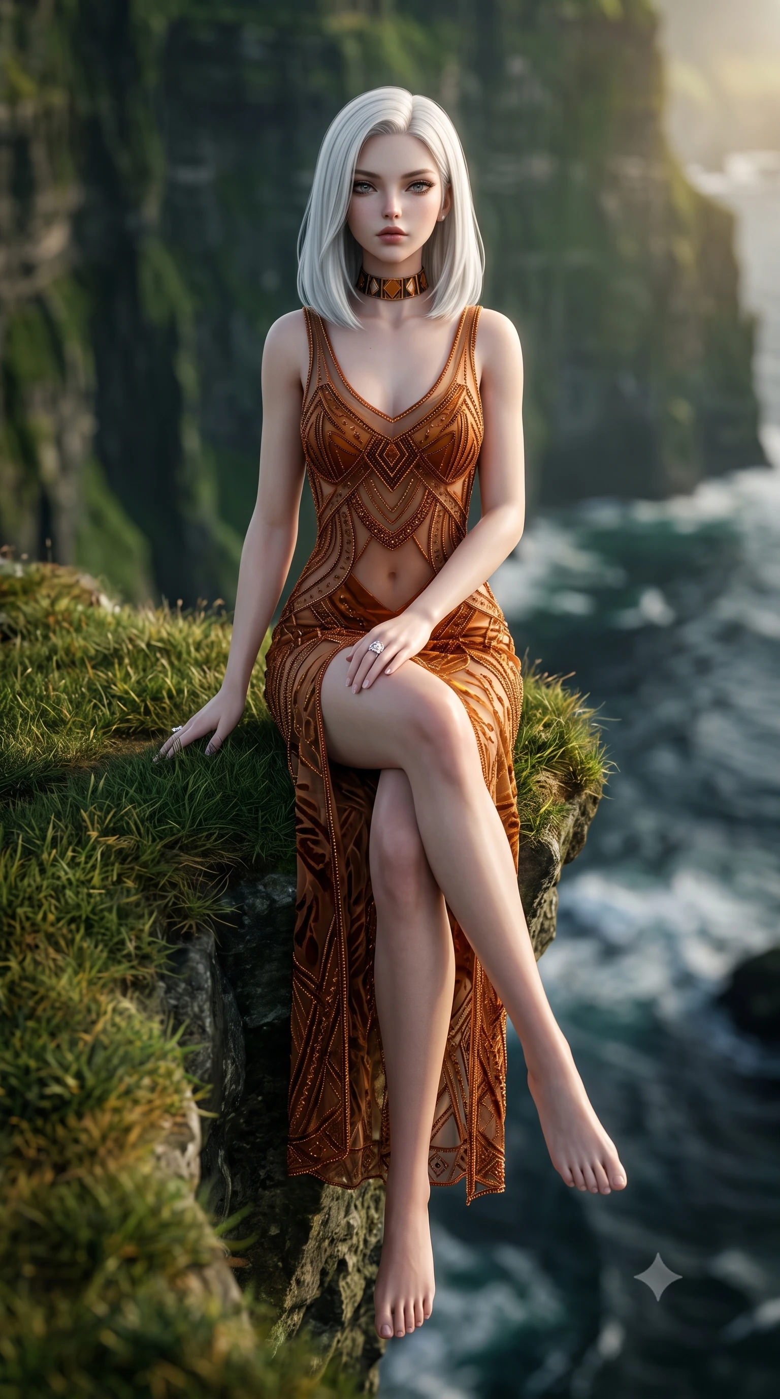 score_9, masterpiece, best quality, ultra-detailed, high-budget anime keyframe, semi-realistic 3D game render, editorial fashion photography, tasteful artistic composition, Korean woman. low angle full-body shot from head to toe showing her feet, filling the entire 9:16 vertical frame with her statuesque presence, stretching her vertical silhouette. sitting perched on the elevated edge with hips angled toward the camera and legs crossed, displaying her toned midriff and flawlessly sculpted slender limbs while perching on the grassy cliff edge with legs crossed, her long slender legs and narrow waist highlighted against the sheer 500-meter drop into crashing surf. The composition keeps background elements in soft focus with creamy bokeh. sheer vertical green sea cliffs and crashing dark ocean breakers blurred into moody emerald, slate, and golden sunbeam bokeh. She has an exceptionally tall and slender model-like 8.5-heads proportion, an ultra-slim waist, a flat toned midriff, narrow delicate ribcage, and beautifully sculpted feminine hips creating a graceful, slim hourglass silhouette without any bulky heaviness, with impossibly long slender legs. sharp v-shaped jawline, high-bridge nose, intricate jewel-like eyes with depth, thick eyelashes, glossy parted lips with a natural sheen, intensely captivating and seductive bedroom-eyes expression, flawlessly proportioned anatomical accuracy, strict slender model proportions, natural body alignment, perfectly sculpted long slender limbs, ultra-slim waistline, clean dynamic posture without body distortion. wearing a sheer vintage mesh flapper dress adorned with intricate geometric beadwork over an opaque silk slip in rich copper bronze and warm amber, made of sheer contouring power-mesh with velvet flocking patterns, complemented by a bold geometric choker and sparkling cocktail ring, the glove-like aerodynamic silhouette tightly following the natural contour of her hips and long slender legs with statuesque 8.5-heads elegance. illuminated by crisp oceanic ambient light contouring her razor-sharp jawline, narrow waist, and curvy hips. highly saturated vibrant anime colors, detailed shading with soft gradients, rich glossy textures, high-contrast stereoscopic depth, volumetric dynamic lighting, master piece, 9:16 ratio