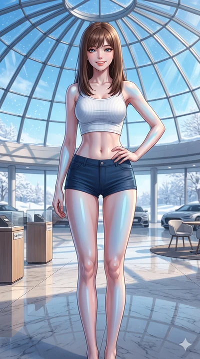 score_9, masterpiece, best quality, ultra-detailed, high-budget anime keyframe, vibrant anime aesthetic, Korean woman. cowboy shot from the thighs up, character and outfit filling the frame for maximum presence. She is standing proud under the glass 