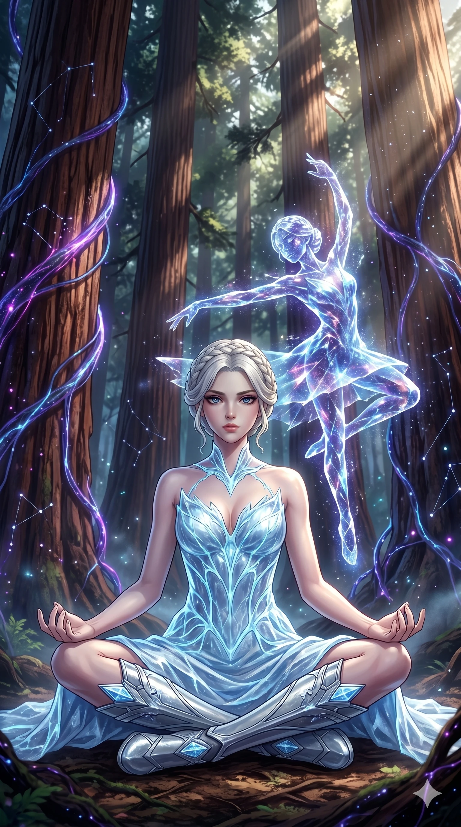 score_9, masterpiece, best quality, ultra-detailed, Set A: High-budget Anime Keyframe, Japanese woman. Low angle cowboy shot filling the entire 9:16 frame with her statuesque presence. Theme: Abstract Cosmic. meditating in a giant redwood forest with glowing vines, as her reflection in the air starts to dance independently 255. The atmosphere is filled with cinematic sunlight through leaves. She has an absolutely perfect 8-heads proportion, an exceptionally tall and slender female figure with impossibly long slender legs and an ultra-slim waist. Sharp v-shaped jawline, high-bridge nose, intricate jewel-like eyes with depth, glossy lips. Wearing Frozen-crystal mini-dress with ice-blue glowing veins and silver armored boots. Cinematic lighting, vivid colors, dramatic shadows, 2k, ultra detail, master piece, 9:16 ratio