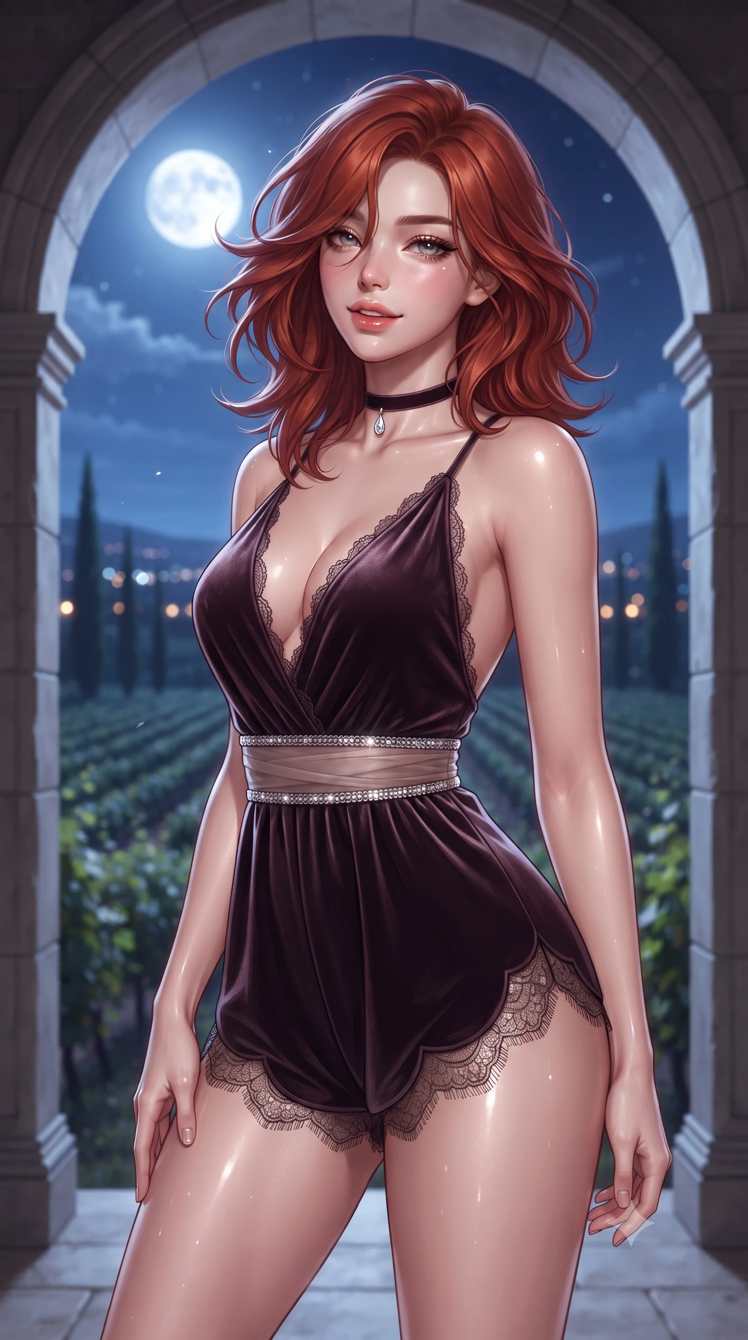score_9, masterpiece, best quality, ultra-detailed, high-budget anime keyframe, editorial fashion photography, tasteful artistic composition, Korean woman. close-up cowboy shot from the waist and thighs up, the character dominates the composition, filling the frame with her large presence. tilting her head with a teasing half-smile, running one hand slowly down the side of her hip in a flirtatious S-curve as ambient light caresses her silhouette while standing framed inside the soaring classical stone archway, arching her lower back to accentuate her curvy hips as night breezes rustle the vines. The background shows a soft-focus endless rolling vineyards under a brilliant silver full moon, silhouettes of slender cypress trees, and twinkling village lights blurred into indigo, silver, and amber bokeh. She has an exceptionally elegant, slender, and willowy female figure with an ultra-slim waist, flat toned midriff, narrow ribcage, and sculpted feminine hips creating an alluring, slim hourglass silhouette without bulk. sharp v-shaped jawline, high-bridge nose, sparkling eyes with hypnotic seductive depth, thick curled eyelashes, glossy parted lips with a natural dewy peach sheen, alluring bedroom-eyes with an enchanting coquettish smile, exuding magnetic siren charisma and sophisticated glamour, flawlessly proportioned anatomical accuracy, strict slender model proportions, natural body alignment, perfectly sculpted long slender limbs, ultra-slim waistline, clean dynamic posture without body distortion. wearing a plunge-neck stretch velvet romper with scalloped eyelash-lace hems and a cinched waist ribbon in sheer dusky champagne and glistening crystal trims, tailored from ultra-plush velvet with rich tactile depth and deep shadow gradients, finished with a thin velvet ribbon choker and a single teardrop diamond pendant, the glove-like clinging cut tightly following the natural contour of her hips and long slender legs with youthful 8.5-heads elegance. bathed in cool silver full moonlight streaming from the open sky mixed with warm 2800K light spilling from the chateau grand ballroom. ultra-reflective glossy finish, specular highlights, rich textural contrasts, high-contrast stereoscopic depth, volumetric dynamic lighting, 2k, ultra detail, master piece, 9:16 ratio