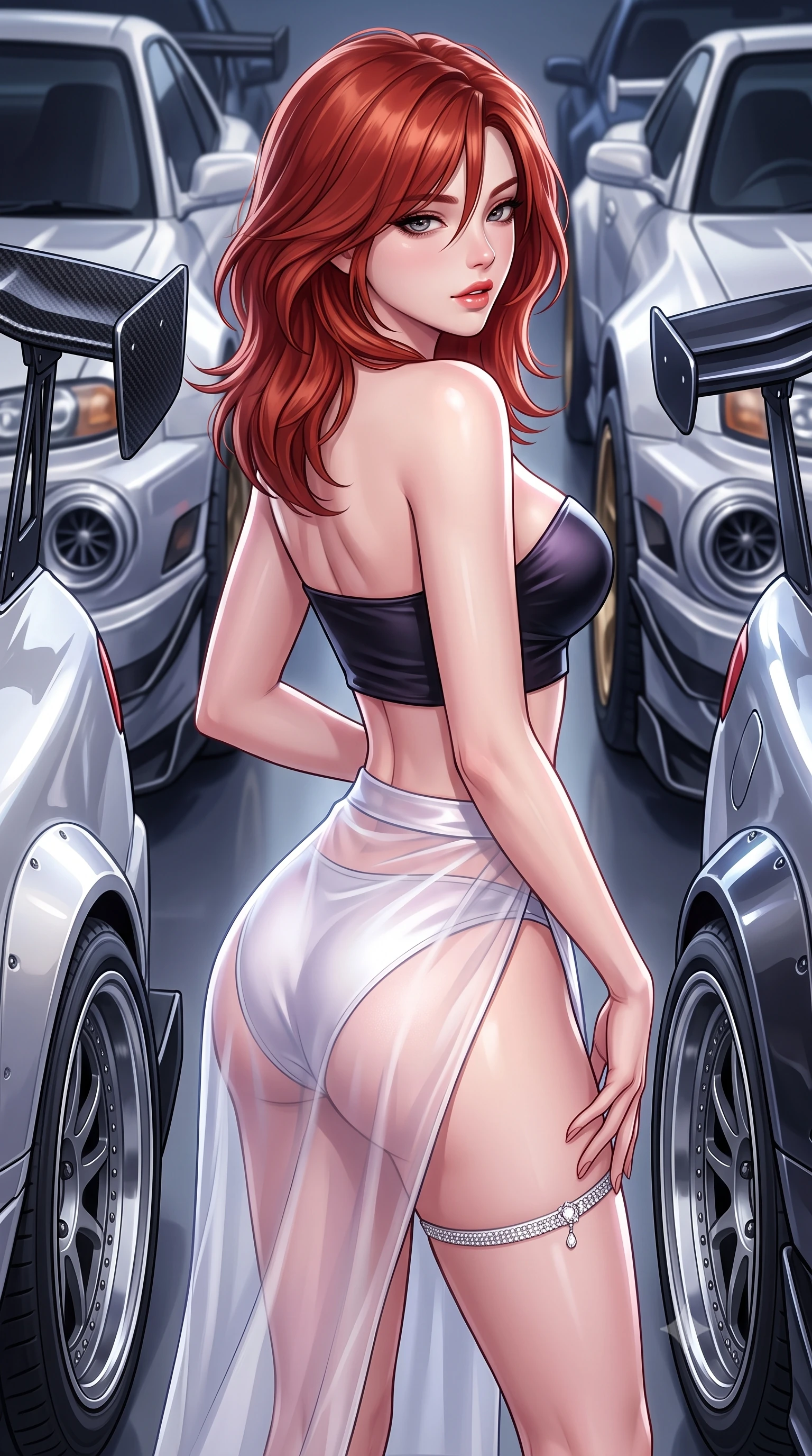 score_9, masterpiece, best quality, ultra-detailed, high-budget anime keyframe, semi-realistic 3D game render, editorial fashion photography, tasteful artistic composition, Korean woman. close-up cowboy shot from the waist and thighs up, the character dominates the composition, filling the frame with her large presence. posing in an alluring rear three-quarter angle, looking over a bare shoulder with parted glossy lips, her hips cocked back to highlight her slim hourglass curve while standing poised between rows of polished classic Japanese turbos, arching her lower back with seductive racing queen glamour. The surrounding environment is rendered in vivid detail and crisp panoramic clarity: sharp carbon-fiber aerodynamic wing weave, multi-piece alloy wheel rims, and tire tread grooves in deep focus. She has an exceptionally elegant, slender, and willowy female figure with an ultra-slim waist, flat toned midriff, narrow ribcage, and sculpted feminine hips creating an alluring, slim hourglass silhouette without bulk. sharp v-shaped jawline, high-bridge nose, sparkling eyes with hypnotic seductive depth, thick curled eyelashes, glossy parted lips with a natural dewy peach sheen, alluring bedroom-eyes with an enchanting coquettish smile, exuding magnetic siren charisma and sophisticated glamour, flawlessly proportioned anatomical accuracy, strict slender model proportions, natural body alignment, perfectly sculpted long slender limbs, ultra-slim waistline, clean dynamic posture without body distortion. wearing a plunging sweetheart-neckline silk jeogori crop top paired with an ultra-high-slit translucent chima wrap skirt and satin briefs in dual-tone high-contrast neon monochrome, made of delicate semi-sheer Korean gossamer organza with subtle pearlescent glints, accented with a delicate crystal-encrusted thigh garter strap glinting under the lights, the high-slit wrap tailoring accentuating her ultra-slim waistline and the enchanting curve of her feminine hips with alluring seductive charm. illuminated by car hood specular bounce and sharp platinum rim lights sculpting her razor-sharp jawline, flat midriff, and curvaceous hips. highly saturated vibrant anime colors, detailed shading with soft gradients, rich glossy textures, high-contrast stereoscopic depth, volumetric dynamic lighting, master piece, 9:16 ratio