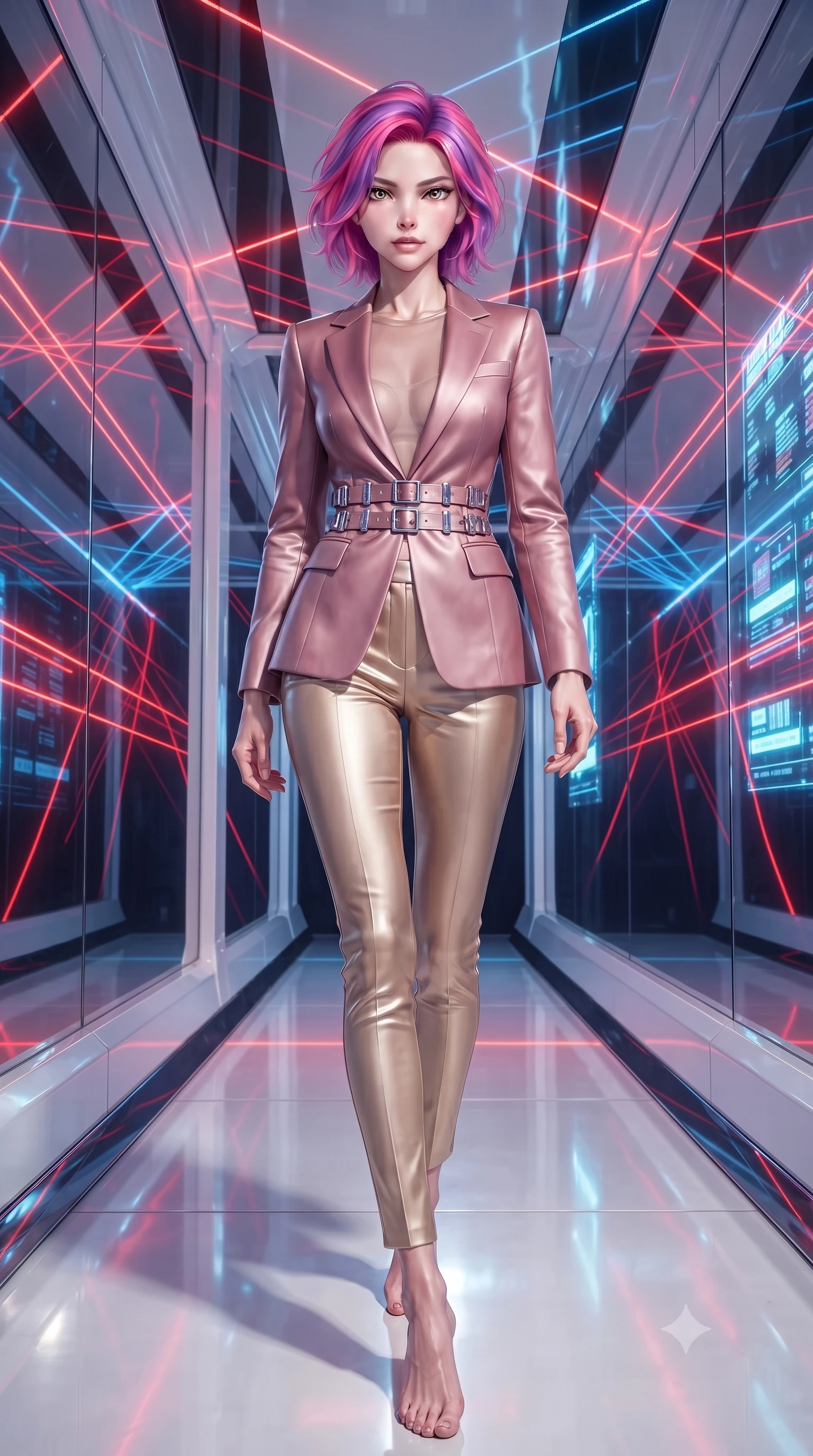 score_9, masterpiece, best quality, ultra-detailed, high-budget anime keyframe, editorial fashion photography, tasteful artistic composition, Caucasian woman. low angle full-body shot from head to toe showing her feet, filling the entire 9:16 vertical frame with her statuesque presence, stretching her vertical silhouette. stepping forward with proud posture, filling the vertical frame with her magnetic presence navigating a corridor of shifting laser light grids and mirror walls, sleek reflective white and chrome surfaces emphasizing ultra-clean lines. She has an absolutely perfect, statuesque 8.5-heads proportion, an exceptionally tall and slender model-like female figure with impossibly long slender legs and an ultra-slim waist. sharp v-shaped jawline, high-bridge nose, intricate jewel-like eyes with depth, thick eyelashes, glossy lips with a natural sheen. wearing a tailored silk blazer over a form-contouring top and fitted slacks in dusty rose and champagne gold, woven from fine semi-opaque sheer organza, detailed with polished silver buckles along the waistline, the sleek second-skin texture accentuating her magnetic presence. illuminated by radiant cosmic nebula light and glowing holographic displays. ultra-reflective glossy finish, specular highlights, metallic sheen, high-contrast stereoscopic depth, volumetric dynamic lighting, 2k, ultra detail, master piece, 9:16 ratio