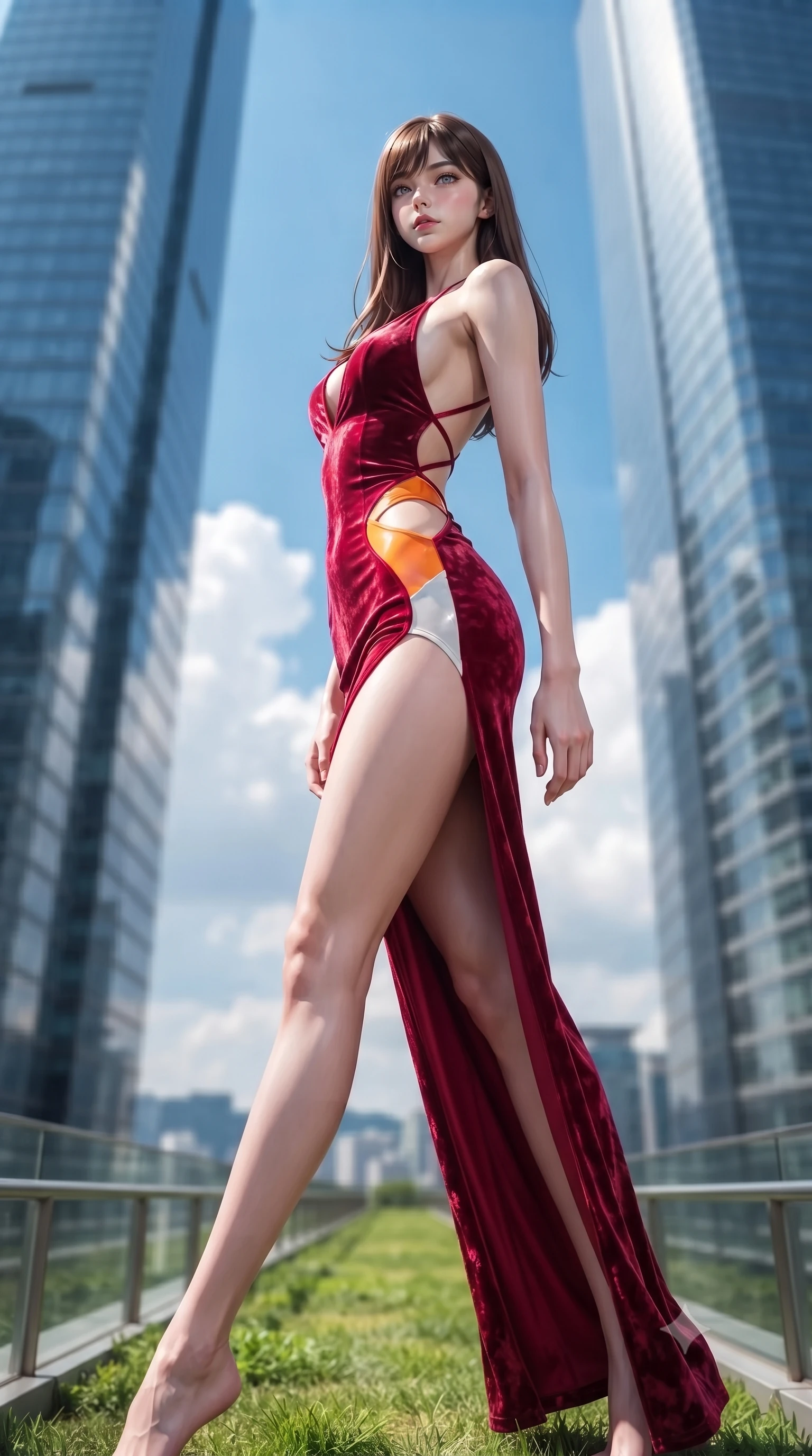 score_9, masterpiece, best quality, ultra-detailed, high-budget anime keyframe, editorial fashion photography, tasteful artistic composition, Korean woman. low angle full-body shot from head to toe showing her feet, filling the entire 9:16 vertical frame with her statuesque presence, stretching her vertical silhouette. arching her back in a fluid zero-gravity turn with sovereign grace, her long slender legs and sculpted torso creating a sweeping line while stepping along a verdant sky-garden walkway suspended between twin gleaming architectural towers. The composition keeps background elements in soft focus with creamy bokeh. towering glass skyscraper spires and white fluffy cumulus clouds blurred into vivid sky-blue bokeh. She has an absolutely perfect, statuesque 8.5-heads proportion, an exceptionally tall and slender model-like female figure with impossibly long slender legs, a toned flat midriff, and an ultra-slim waist. sharp v-shaped jawline, high-bridge nose, intricate jewel-like eyes with depth, thick eyelashes, glossy lips with a natural sheen, flawlessly proportioned anatomical accuracy, strict slender model proportions, natural body alignment, perfectly sculpted long slender limbs, ultra-slim waistline, clean dynamic posture without body distortion. wearing a backless crimson crushed velvet gown with a deep plunging V-neckline, strategic hip cutouts, and an ultra-high thigh slit in vivid sunset amber orange and cloud white, crafted from ultra-reflective second-skin latex with a high-gloss glass-like polish, complemented by criss-cross back straps highlighting her completely bare spine, the form-contouring material adhering flawlessly to her sculpted flat midriff and slender torso, emphasizing her long leg lines and perfectly proportioned willowy build. illuminated by crisp specular highlights tracing her sculpted collarbones and waistline. ultra-reflective glossy finish, specular highlights, metallic sheen, high-contrast stereoscopic depth, volumetric dynamic lighting, 2k, ultra detail, master piece, 9:16 ratio
