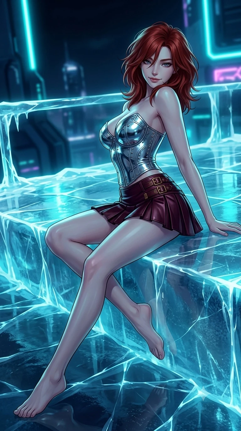 score_9, masterpiece, best quality, ultra-detailed, high-budget anime keyframe, semi-realistic 3D game render, editorial fashion photography, tasteful artistic composition, Korean woman. low angle full-body shot from head to toe showing her feet, filling the entire 9:16 vertical frame with her statuesque presence, stretching her vertical silhouette. walking along the terrace with poise, looking back over her bare shoulder with an irresistible smoldering bedroom-gaze while lounging gracefully across the carved ice settee propped on one elbow with legs extended, displaying her long slender limbs and statuesque hourglass silhouette with regal anime flair. The surrounding environment is rendered in vivid detail and crisp panoramic clarity: sharp ice crystal organ fluting, frost dendrite fractures on polished stone stage, and crisp neon tube contours in deep focus. She has an exceptionally tall and slender model-like 8.5-heads proportion, an ultra-slim waist, a flat toned midriff, narrow delicate ribcage, and beautifully sculpted feminine hips creating a graceful, slim hourglass silhouette without any bulky heaviness, with impossibly long slender legs. sharp v-shaped jawline, high-bridge nose, intricate jewel-like sparkling eyes with depth, thick eyelashes, glossy parted lips with a natural peach sheen, bright cheerful beaming smile with an enchanting and coquettish sensual glint, exuding both youthful cute charm and seductive allure, flawlessly proportioned anatomical accuracy, strict slender model proportions, natural body alignment, perfectly sculpted long slender limbs, ultra-slim waistline, clean dynamic posture without body distortion. wearing a chrome-plated structured underwire bustier top paired with an ultra-short low-rise pleated micro mini skirt in deep burgundy and bronze accents, woven from buttery-soft stretch lambskin leather adhering to her body like a second skin, finished with sleek magnetic buckle closures fluttering in the breeze, the second-skin tailored fabric adhering flawlessly to her sculpted flat midriff and slender torso, emphasizing her long leg lines and perfectly proportioned willowy build. bathed in high-contrast cyan neon aria pulses contrasted with deep velvety indigo stage shadows. highly saturated vibrant anime colors, detailed shading with soft gradients, rich glossy textures, high-contrast stereoscopic depth, volumetric dynamic lighting, master piece, 9:16 ratio