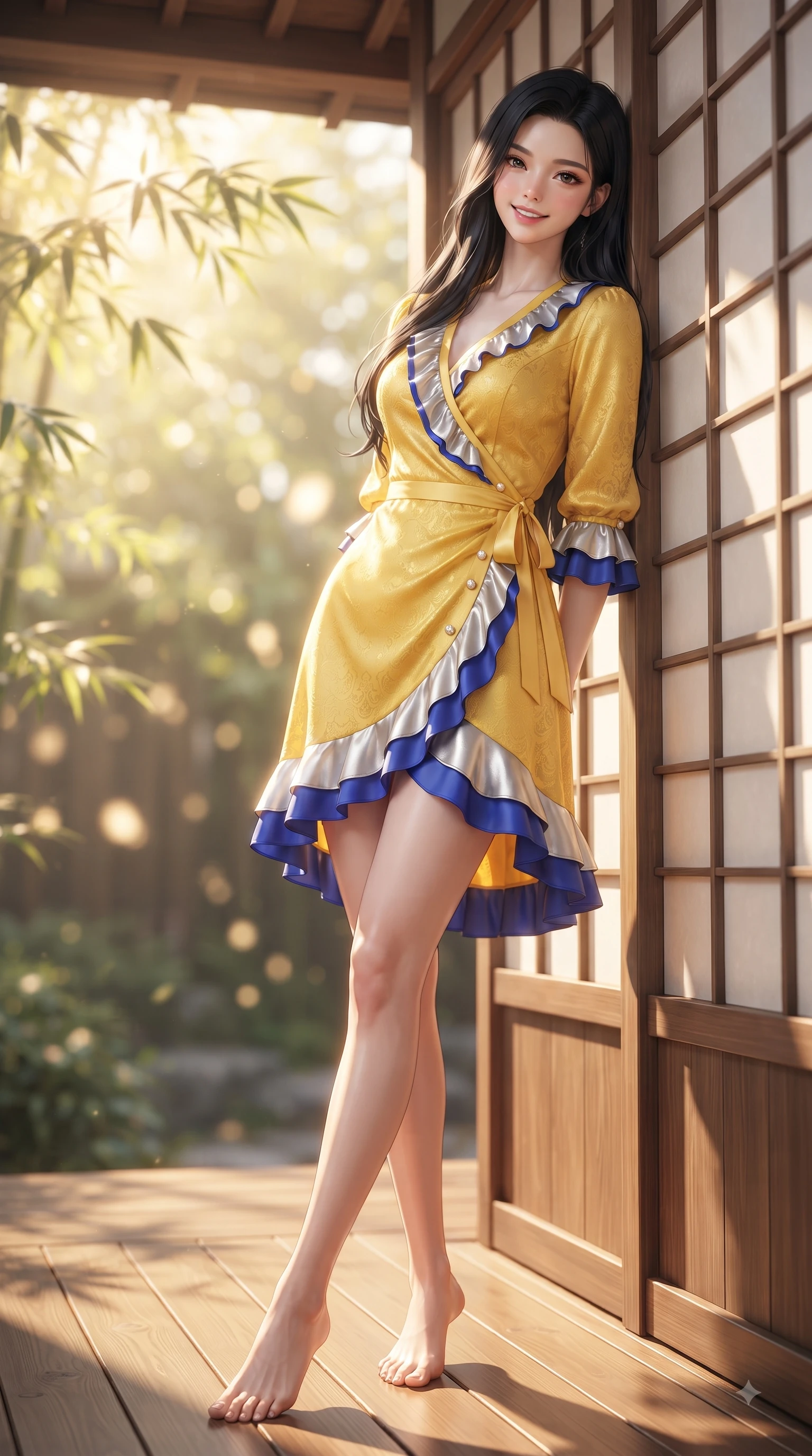 score_9, masterpiece, best quality, ultra-detailed, high-budget anime keyframe, editorial fashion photography, tasteful artistic composition, Korean woman. low angle full-body shot from head to toe showing her feet, filling the entire 9:16 vertical frame with her statuesque presence, stretching her vertical silhouette. Youthful cheerful smile exuding cute playful charm and radiant sparkle in her eyes while leaning against a sun-drenched paper screen door with a serene, magnetic pose. The composition keeps background elements in soft focus with dreamy bokeh. dappled sunlight filtering through bamboo leaves creating a peaceful blurred backdrop. She has an absolutely perfect, statuesque 8.5-heads proportion, an exceptionally tall and slender model-like female figure with impossibly long slender legs and an ultra-slim waist. sharp v-shaped jawline, high-bridge nose, intricate jewel-like eyes with depth, thick eyelashes, glossy lips with a natural sheen, flawlessly proportioned anatomical accuracy, natural body alignment, perfectly sculpted elegant limbs, clean dynamic posture without body distortion. wearing a cheerful sunflower yellow silk wrap dress with fluttery ruffle hems in electric cobalt blue and polished silver accent, made of fine lace weave and soft satin jersey, accented with delicate pearl buttons and refined ruffle trims, the tailored fit highlighting her statuesque and model-like silhouette. illuminated by warm golden sunlight reflecting off polished wooden verandas. ultra-reflective glossy finish, specular highlights, metallic sheen, high-contrast stereoscopic depth, volumetric dynamic lighting, 2k, ultra detail, master piece, 9:16 ratio
