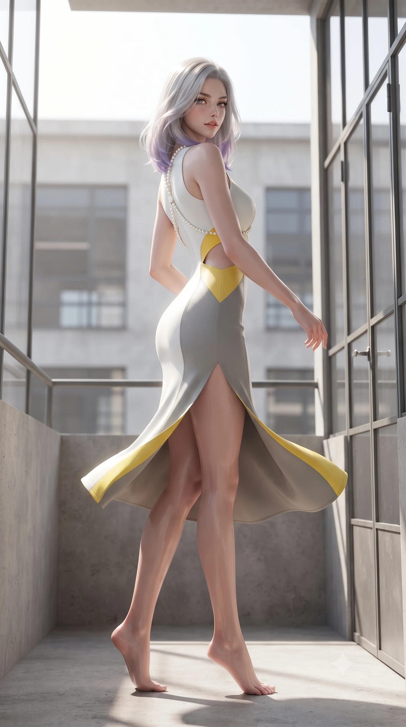 score_9, masterpiece, best quality, ultra-detailed, high-budget anime keyframe, editorial fashion photography, tasteful artistic composition, Caucasian woman. low angle full-body shot from head to toe showing her feet, filling the entire 9:16 vertical frame with her statuesque presence, stretching her vertical silhouette. executing a slow, graceful pivot turn as her skirt sways around her slender legs, glancing back with an enchanting, teasing sensual expression while standing on the cantilevered concrete balcony framed by the iconic steel-and-glass curtain wall, arching her back with high-fashion poise. The background shows a soft-focus industrial steel sash windows softened in legendary Bauhaus shallow focus. She has an absolutely perfect, statuesque 8.5-heads proportion, an exceptionally tall and slender model-like female figure with impossibly long slender legs, an ultra-slim waist, a flat toned midriff, narrow delicate ribcage, and beautifully sculpted feminine hips creating a graceful, slim hourglass silhouette without any bulky heaviness. sharp v-shaped jawline, high-bridge nose, sparkling eyes with hypnotic seductive depth, thick curled eyelashes, glossy parted lips with a natural dewy peach sheen, alluring bedroom-eyes with an enchanting coquettish smile, exuding magnetic siren charisma and sophisticated glamour, flawlessly proportioned anatomical accuracy, strict slender model proportions, natural body alignment, perfectly sculpted long slender limbs, ultra-slim waistline, clean dynamic posture without body distortion. wearing a sculptural liquid jersey column dress with a dramatic hip-high side slit and asymmetrical cutout waist darts in Bauhaus optic white and concrete grey with primary yellow accents, tailored from fine structural neoprene with crisp architectural edges and smooth contouring, accented with a pearl-drop body harness subtly framing her dewy collarbones and spine, the glove-like clinging cut tightly following the natural contour of her hips and long slender legs with youthful 8.5-heads elegance. bathed in brilliant morning sunlight streaming through the floor-to-ceiling glass curtain wall. ultra-reflective glossy finish, specular highlights, rich textural contrasts, high-contrast stereoscopic depth, volumetric dynamic lighting, 2k, ultra detail, master piece, 9:16 ratio