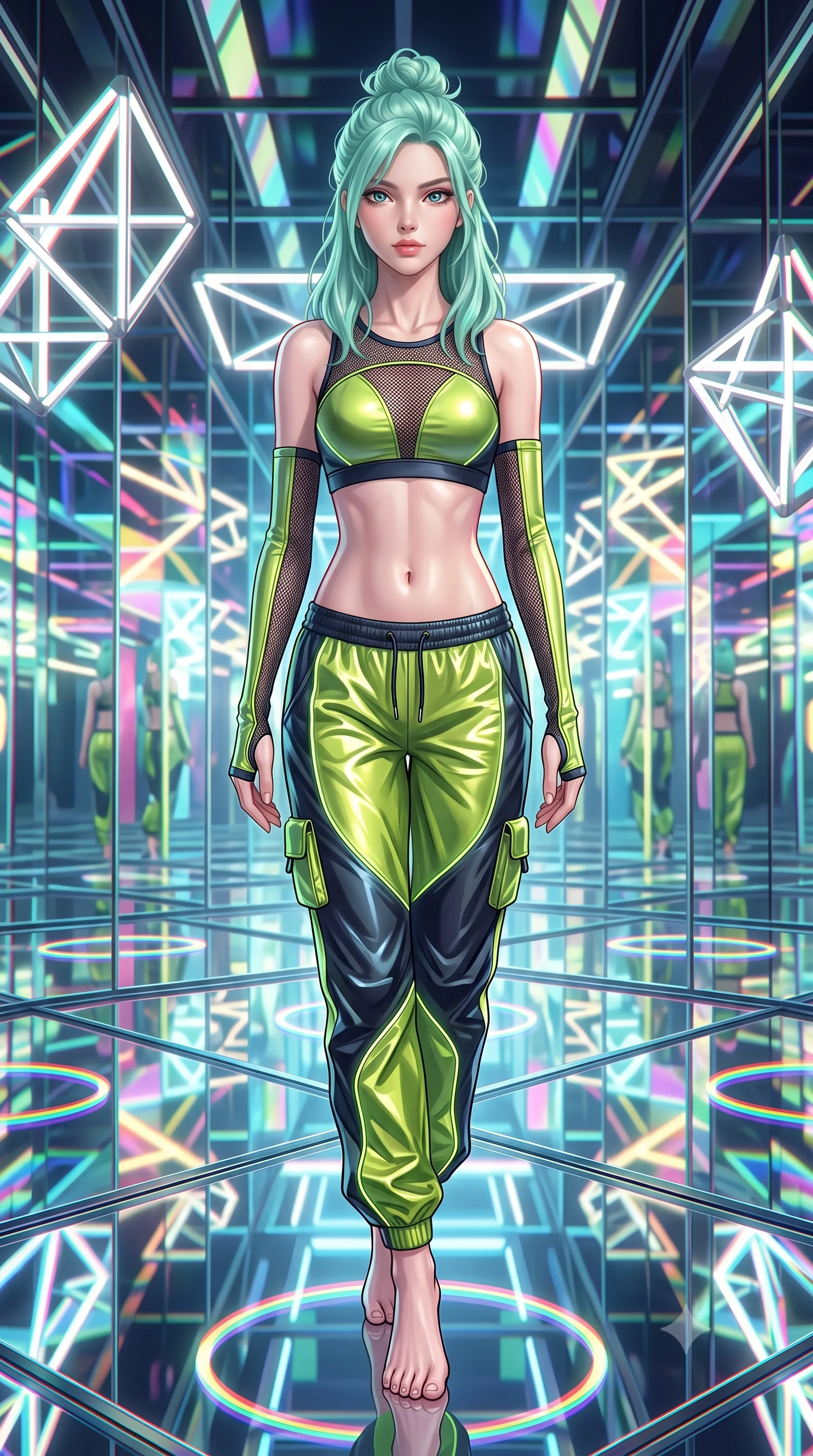 score_9, masterpiece, best quality, ultra-detailed, high-budget anime keyframe, semi-realistic 3D game render, editorial fashion photography, tasteful artistic composition, Japanese woman. low angle full-body shot from head to toe showing her feet, filling the entire 9:16 vertical frame with her statuesque presence, stretching her vertical silhouette. landing lightly on the balls of her feet in a balanced kinetic stance, eyes locked onto the camera with fearless allure while pivoting gracefully on a mirrored floor as infinite reflections of light and color surround her slender frame. The surrounding environment is rendered in vivid detail and crisp panoramic clarity. detailed metallic fabric reflections, chromatic aberration rings, and geometric light fixtures in high clarity. She has an absolutely perfect, statuesque 8.5-heads proportion, an exceptionally tall and slender model-like female figure with impossibly long slender legs, a toned flat midriff, and an ultra-slim waist. sharp v-shaped jawline, high-bridge nose, intricate jewel-like eyes with depth, thick eyelashes, glossy lips with a natural sheen, captivating and magnetic expression, flawlessly proportioned anatomical accuracy, strict slender model proportions, natural body alignment, perfectly sculpted long slender limbs, ultra-slim waistline, clean dynamic posture without body distortion. wearing a sporty Y2K mesh-paneled crop top with asymmetrical sleeve warmers and low-slung metallic track pants in acid lime green and dark obsidian, made of breathable technical athletic mesh and liquid-finish track nylon, finished with glowing fiber-optic seam piping and miniature utility pouches, the glove-like aerodynamic second-skin fit tightly clinging to her ultra-slender waist and athletic curves without adding bulk, accentuating her razor-sharp statuesque lines and slim hourglass silhouette. illuminated by clean geometric specular highlights tracing her sculpted torso and legs. highly saturated vibrant anime colors, detailed shading with soft gradients, rich glossy textures, high-contrast stereoscopic depth, volumetric dynamic lighting, master piece, 9:16 ratio