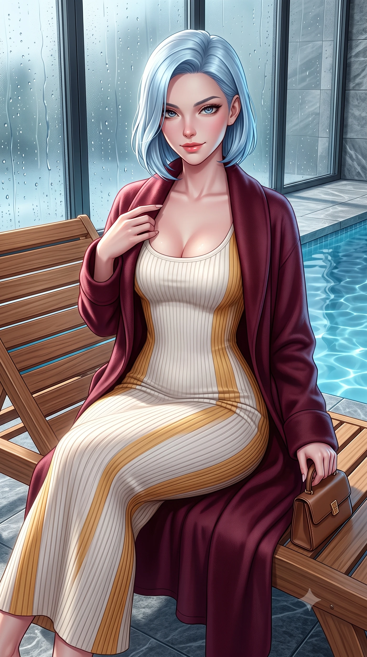 score_9, masterpiece, best quality, ultra-detailed, high-budget anime keyframe, semi-realistic 3D game render, editorial fashion photography, tasteful artistic composition, Korean woman. close-up cowboy shot from the waist and thighs up, the character dominates the composition, filling the frame with her large presence. tilting her chin up with a teasing half-smile, running one manicured hand lightly along her lapel with effortless magnetic allure while sitting gracefully on an ergonomic teak chaise lounge beside the thermal relaxation pool, wrapped in a plush cashmere robe coat with quiet luxury. The surrounding environment is rendered in vivid detail and crisp panoramic clarity: sharp thermal glass mullion seams, water droplet rivulets on exterior panes, and textured grey Vals quartzite stone tiles in deep focus. She has an exceptionally elegant, slender, and willowy female figure with an ultra-slim waist, flat toned midriff, narrow ribcage, and sculpted feminine hips creating an alluring, slim hourglass silhouette without bulk. sharp v-shaped jawline, high-bridge nose, intricate jewel-like sparkling eyes with depth, thick eyelashes, glossy parted lips with a natural peach sheen, bright cheerful beaming smile with an enchanting and coquettish sensual glint, exuding both youthful cute charm and seductive allure, flawlessly proportioned anatomical accuracy, strict slender model proportions, natural body alignment, perfectly sculpted long slender limbs, ultra-slim waistline, clean dynamic posture without body distortion. wearing a form-contouring ribbed knit bodycon maxi dress in snow ivory with a cozy high cowl-neck hugging every curve in rich Oxford burgundy and golden amber, crafted from lustrous liquid satin crepe that drapes in body-clinging ripples catching ambient lights, finished with a structured leather micro-bag held lightly at her hip, the body-conscious tailored knit hugging her sculpted torso and curvaceous hips in a seamless, fluid line that highlights her statuesque model proportions. illuminated by thermal pool surface caustics and soft pearlescent rim lights accentuating her sharp jawline and slender hourglass silhouette. highly saturated vibrant anime colors, detailed shading with soft gradients, rich glossy textures, high-contrast stereoscopic depth, volumetric dynamic lighting, master piece, 9:16 ratio