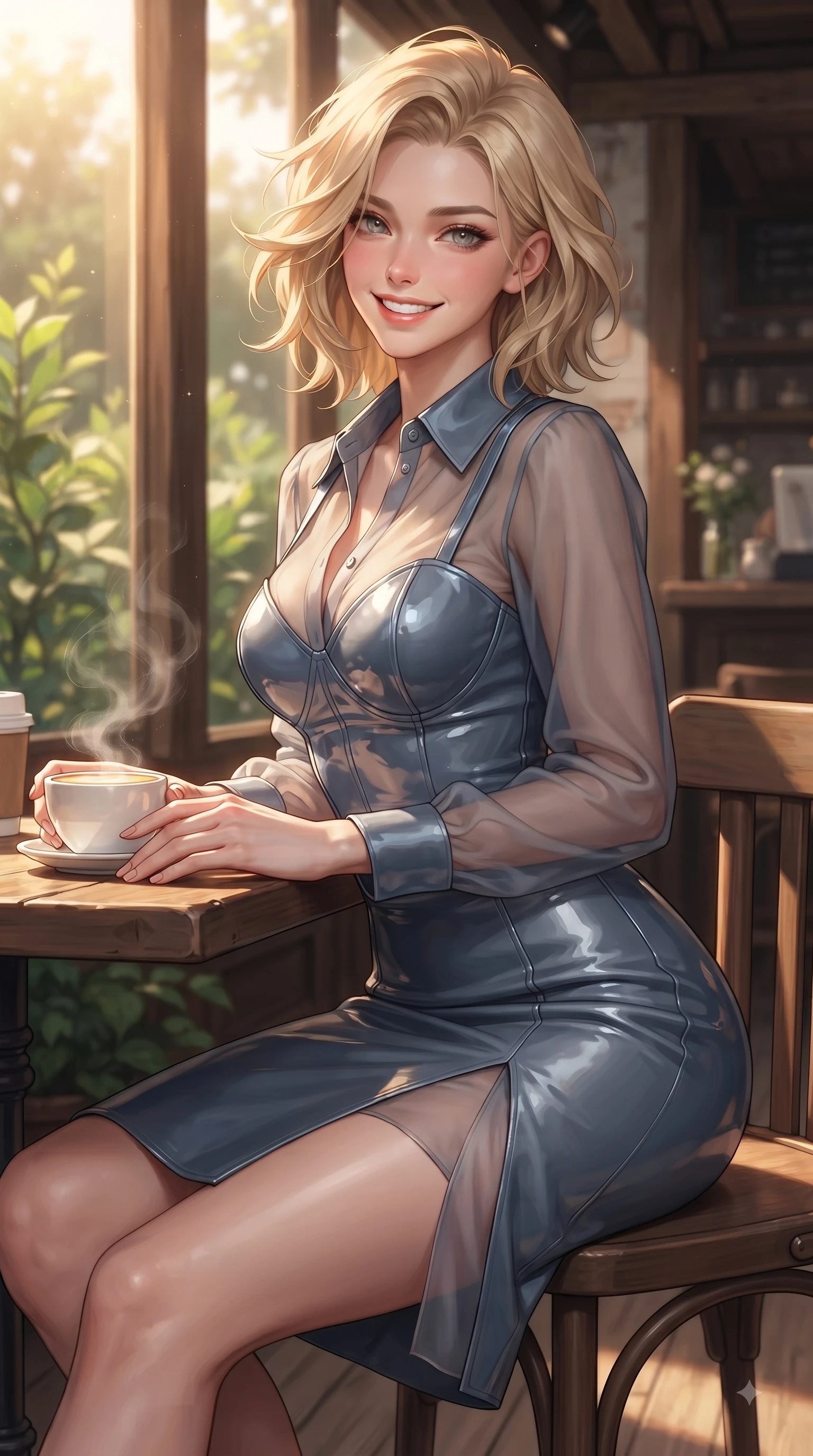 score_9, masterpiece, best quality, ultra-detailed, high-budget anime keyframe, editorial fashion photography, tasteful artistic composition, Caucasian woman. close-up cowboy shot from the waist and thighs up, the character dominates the composition, filling the frame with her large presence, background elements kept in soft focus. Youthful bright smile exuding pure cute charm and fresh energy, her torso turning dynamically into the lens while pivoting gracefully on a secluded wooden cafe terrace enveloped by lush green garden foliage, steam rising gracefully from a porcelain latte cup catching bright sunbeams. She has an exceptionally elegant, slender, and willowy female figure with an ultra-slim waist, a gracefully sculpted slender torso, and a refined silhouette. sharp v-shaped jawline, high-bridge nose, intricate jewel-like eyes with depth, thick eyelashes, glossy lips with a natural sheen, flawlessly proportioned anatomical accuracy, natural body alignment, perfectly sculpted elegant limbs, clean dynamic posture without body distortion. wearing a tailored leather bustier over a sheer silk chiffon blouse in slate blue and metallic silver, tailored from high-gloss patent leather, finished with a sleek side slit ascending to mid-thigh, the tailored fabric tightly following every curve of her athletic build. bathed in warm golden sunlight streaming through clean glass cafe windows. ultra-reflective glossy finish, specular highlights, metallic sheen, high-contrast stereoscopic depth, volumetric dynamic lighting, 2k, ultra detail, master piece, 9:16 ratio