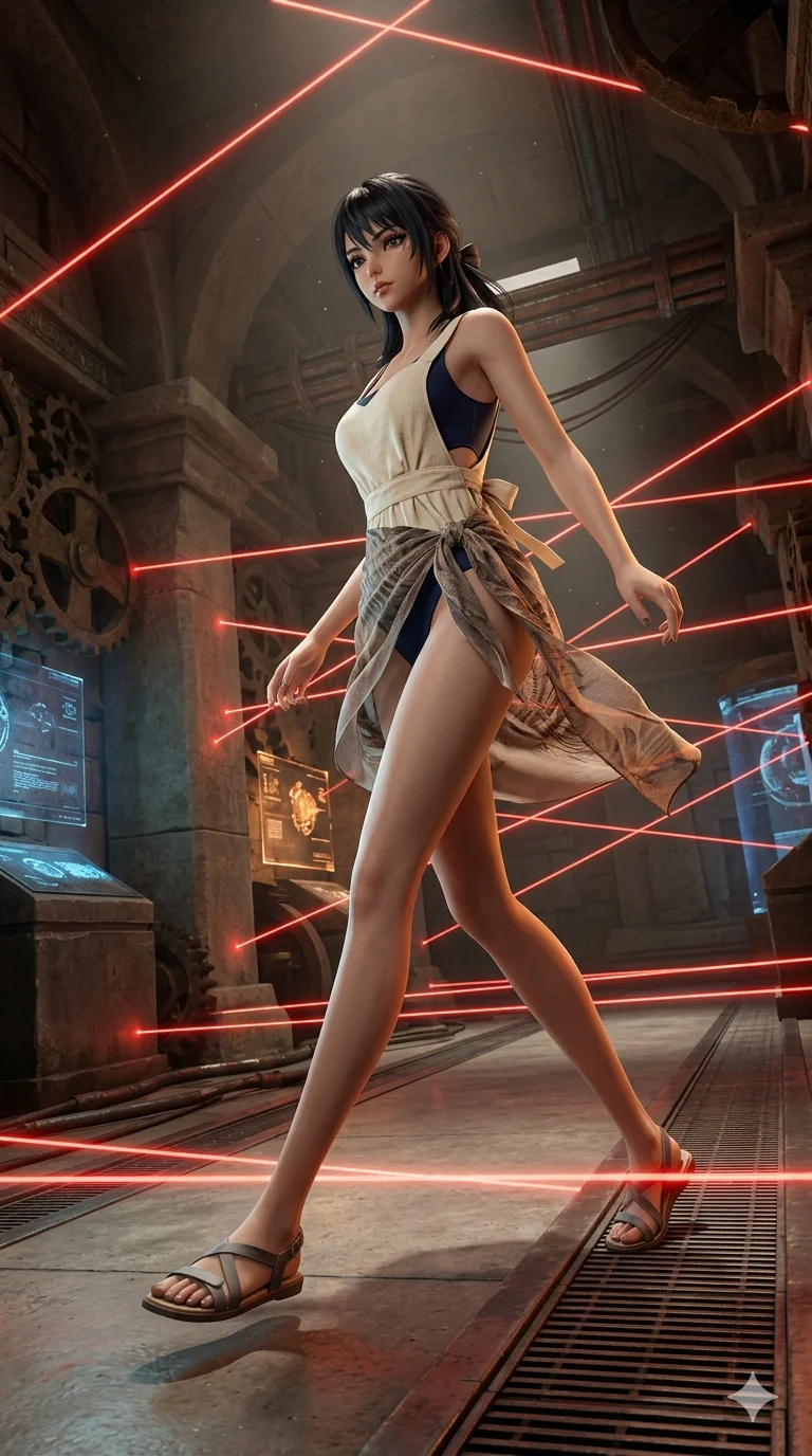 score_9, masterpiece, best quality, ultra-detailed, semi-realistic 3D game render, high-fidelity textures, Unreal Engine 5 style, Japanese anime girl. Dynamic full-body shot stretching the vertical silhouette with extreme perspective. navigating a field of lasers in a museum of ancient technology. She has an absolutely perfect 8-heads proportion, an exceptionally tall and slender female figure with an ultra-slim waist and impossibly long slender legs. strictly human anatomy, two legs only, no extra limbs, clearly defined legs and arms, perfect anatomy, perfect hands and fingers. sharp v-shaped jawline, high-bridge nose, intricate jewel-like eyes, thick eyelashes, glossy lips. Wearing Seasonal/Resort: High-cut one-piece with sarong, linen sundress with tie-back, and sheer fabric wrap. The scene is illuminated by dramatic atmospheric lighting and vibrant color palettes. , 2k, ultra detail, master piece, 9:16 ratio