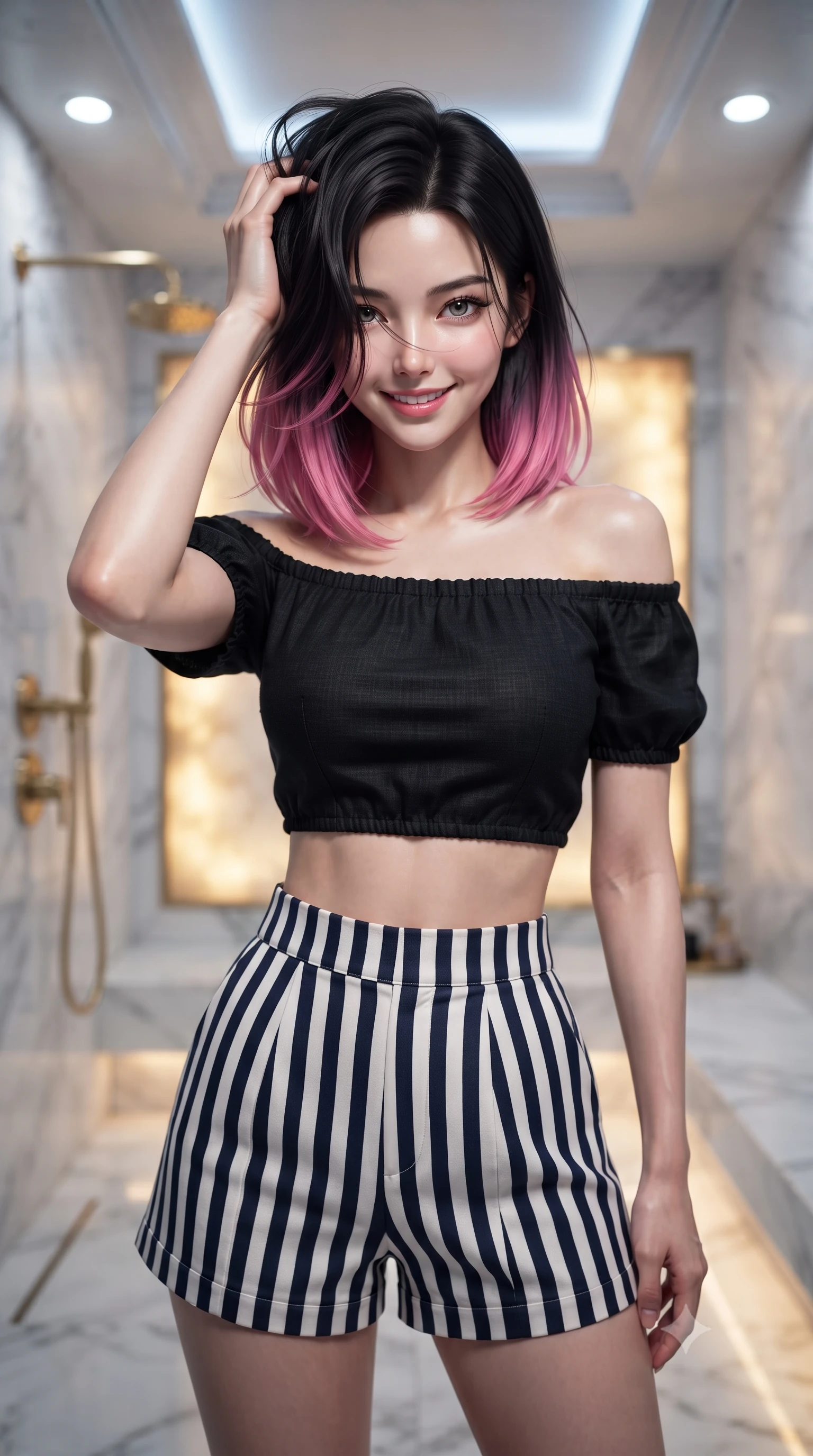 score_9, masterpiece, best quality, ultra-detailed, high-budget anime keyframe, editorial fashion photography, tasteful artistic composition, Korean woman woman. close-up cowboy shot from the waist and thighs up, the character dominates the composition, filling the frame with her large presence, background elements kept in soft focus. smiling with quiet, magnetic self-assurance directly into the camera, running a hand through her hair the background shows a soft-focus a spacious steam shower room built of white Carrara marble and gold brass fixtures. She has an exceptionally elegant, slender, and willowy female figure with an ultra-slim waist, a gracefully sculpted slender torso, and a refined silhouette. sharp v-shaped jawline, high-bridge nose, intricate jewel-like eyes with depth, thick eyelashes, glossy lips with a natural sheen. wearing a slim-fit chic off-shoulder crop top in black linen, paired with high-waisted striped resort shorts. cool ambient ceiling light contrasting with the warm glow from the steam panels. ultra-reflective glossy finish, specular highlights, metallic sheen, high-contrast stereoscopic depth, volumetric dynamic lighting, 2k, ultra detail, master piece, 9:16 ratio
