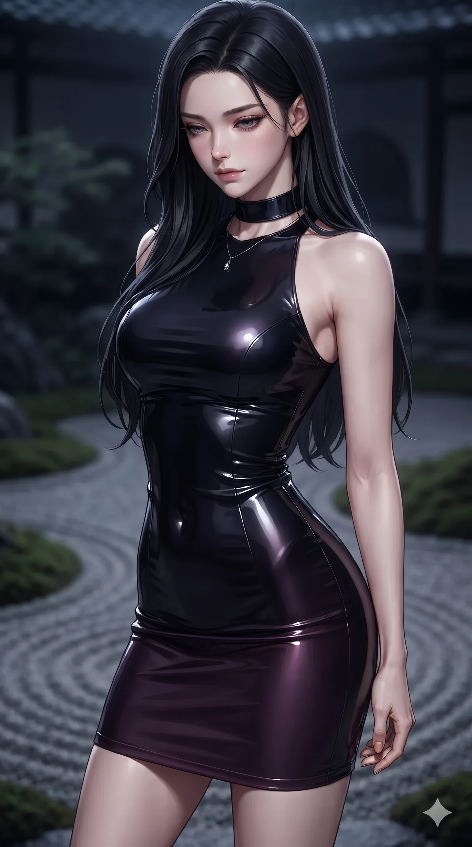 score_9, masterpiece, best quality, ultra-detailed, high-budget anime keyframe, editorial fashion photography, tasteful artistic composition, Korean woman. close-up cowboy shot from the waist and thighs up, the character dominates the composition, filling the frame with her large presence. looking down with lowered lashes and a composed, powerful dark aura, her tailored outfit tracing her curves while twisting her slender torso in an alluring contrapposto stance, cool full-moon beams tracing her flat midriff and curvy hips. The background shows a soft-focus monastic zen dry garden at midnight softened in contemplative shallow focus. She has an exceptionally elegant, slender, and willowy female figure with an ultra-slim waist, flat toned midriff, narrow ribcage, and sculpted feminine hips creating an alluring, slim hourglass silhouette without bulk. sharp v-shaped jawline, high-bridge nose, intricate jewel-like dark sparkling eyes with hypnotic seductive depth, thick curled eyelashes, glossy parted lips with a natural wine sheen, alluring bedroom-eyes with an enigmatic smoldering smile, exuding magnetic sovereign charisma and dark avant-garde glamour, flawlessly proportioned anatomical accuracy, strict slender model proportions, natural body alignment, perfectly sculpted long slender limbs, ultra-slim waistline, clean dynamic posture without body distortion. wearing a precision-fitted bodycon dress in high-gloss liquid vinyl in obsidian black and dark plum violet, tailored from smooth liquid silk satin that clings smoothly to her narrow waist and rounded hips with a dewy sheen, finished with a minimalist dark choker and a single teardrop pendant, the bespoke structured tailoring following the natural line of her 8.5-heads silhouette with refined elegance. illuminated by moonlit sand ripple bounce and sharp silver-topaz rim lights defining her razor-sharp jawline, narrow waist, and curvy hips. ultra-reflective glossy finish, specular highlights, metallic sheen, high-contrast stereoscopic depth, volumetric dynamic lighting, 2k, ultra detail, master piece, 9:16 ratio