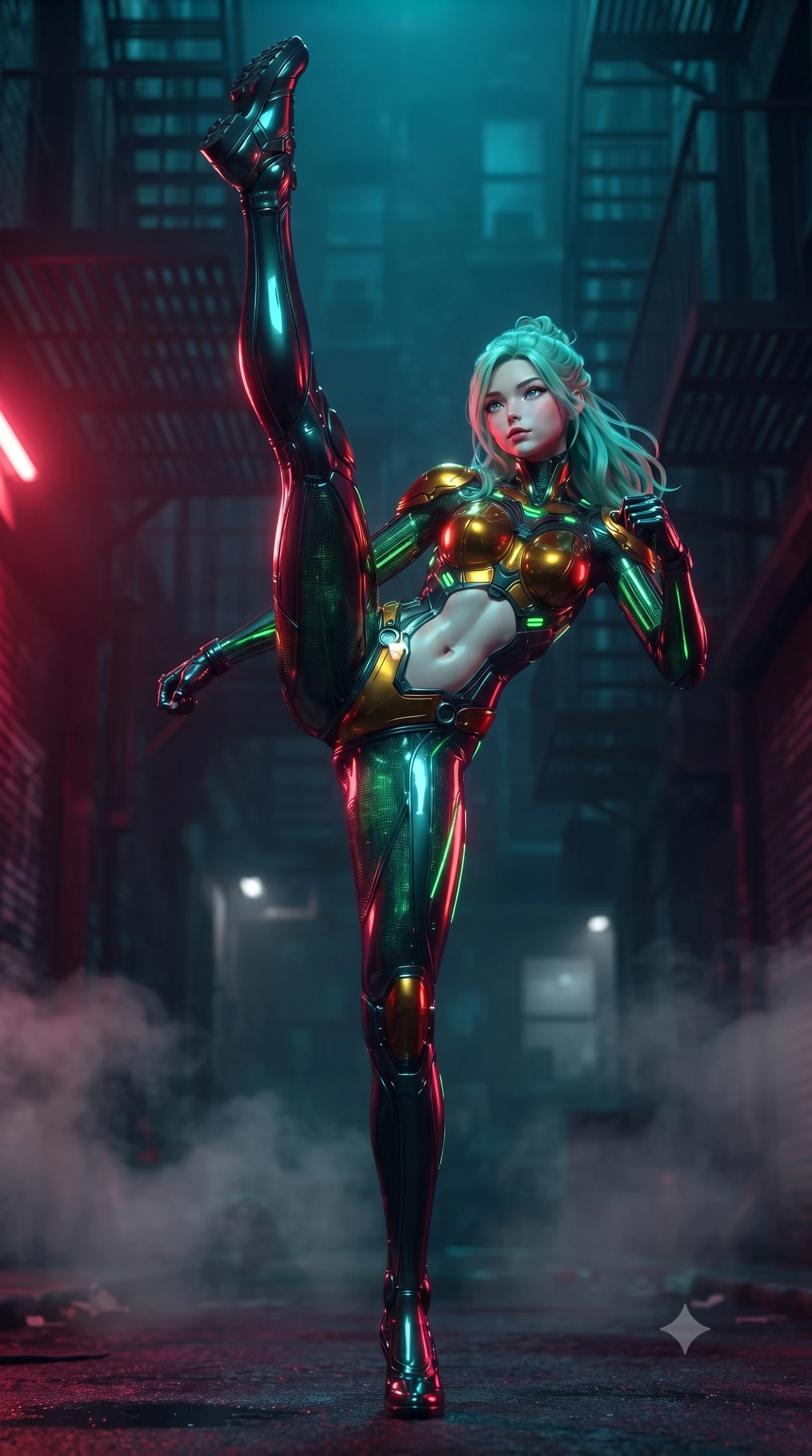 score_9, masterpiece, best quality, ultra-detailed, high-budget anime keyframe, editorial fashion photography, tasteful artistic composition, Japanese woman. low angle full-body shot from head to toe showing her feet, filling the entire 9:16 vertical frame with her statuesque presence, stretching her vertical silhouette. executing a breathtaking zero-gravity high-kick with full 180-degree vertical extension, her impossibly long slender legs dominating the frame with razor-sharp poise while stepping forward through drifting sewer steam with a slow, predatory combat advance that commands total respect. The composition keeps background elements in soft focus with creamy bokeh. dark alleyway fire escapes and rising steam plumes softened in moody shallow focus. She has an absolutely perfect, statuesque 8.5-heads proportion, an exceptionally tall and slender model-like female figure with impossibly long slender legs, a toned flat midriff, and an ultra-slim waist. sharp v-shaped jawline, high-bridge nose, intricate jewel-like eyes with depth, thick eyelashes, glossy lips with a natural sheen, flawlessly proportioned anatomical accuracy, strict slender model proportions, natural body alignment, perfectly sculpted long slender limbs, ultra-slim waistline, clean dynamic posture without body distortion. wearing a sculpted molten-gold and dark carbon cuirass paired with high-mobility combat leggings and kinetic energy channels in emerald green carbon composite with glowing lime laser channels, crafted from semi-translucent cybernetic carbon-vinyl interwoven with glowing micro-filaments, reinforced by a sleek titanium kinetic harness and glowing micro-energy straps, the precision-cut daring openings accentuating her delicate midriff, graceful bare collarbones, and ultra-slim feminine waistline. bathed in vivid high-contrast neon crimson and deep cyan ambient rim lighting. ultra-reflective glossy finish, specular highlights, dark metallic sheen, high-contrast stereoscopic depth, volumetric dynamic lighting, 2k, ultra detail, master piece, 9:16 ratio