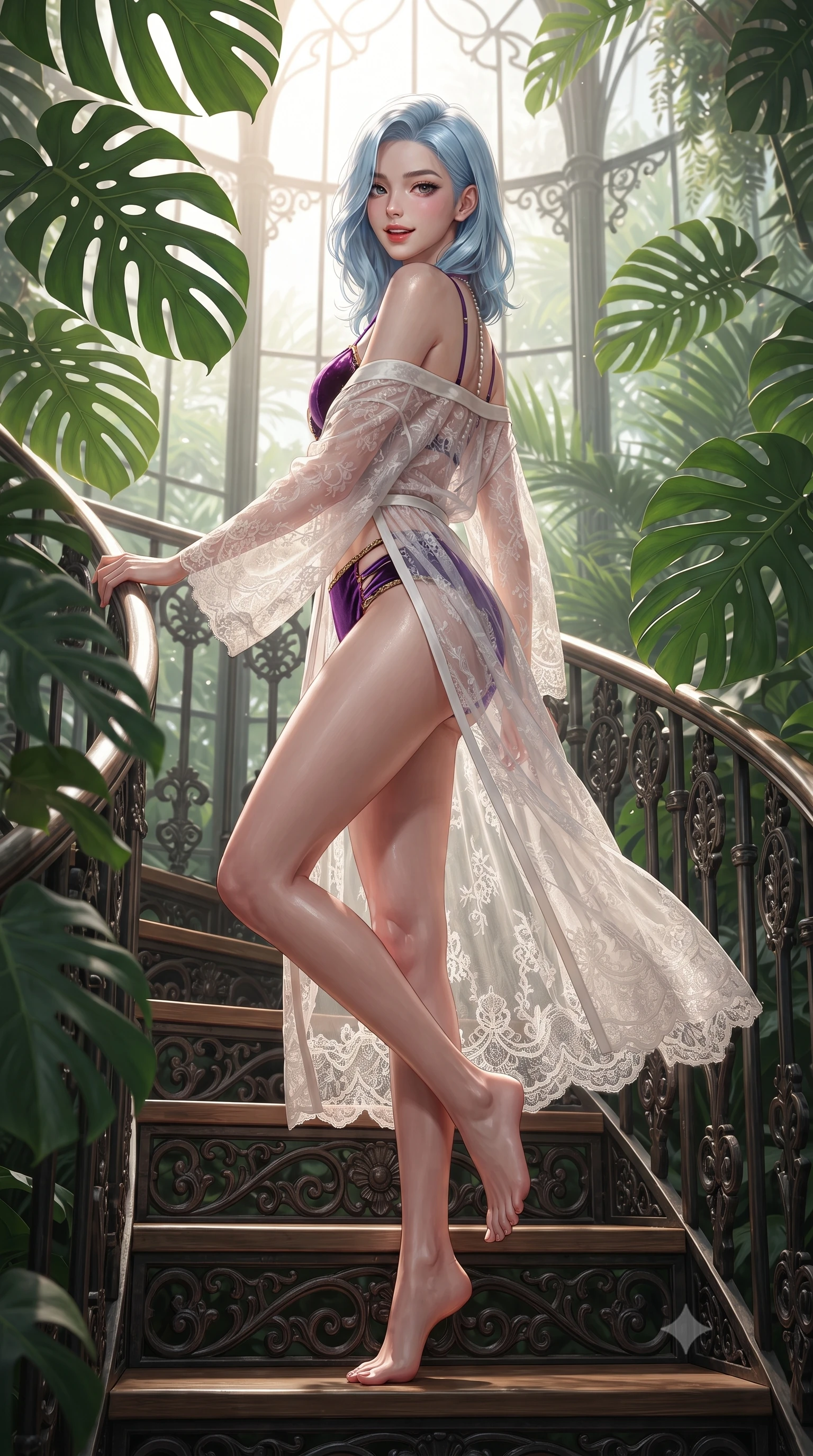 score_9, masterpiece, best quality, ultra-detailed, high-budget anime keyframe, editorial fashion photography, tasteful artistic composition, Korean woman. low angle full-body shot from head to toe showing her feet, filling the entire 9:16 vertical frame with her statuesque presence, stretching her vertical silhouette. executing a slow, graceful pivot turn as her skirt sways around her slender legs, glancing back with an enchanting, teasing sensual expression while leaning against the spiral stair railing with hips cocked back, looking through split monstera leaves with an irresistible, parted-lip smile. The surrounding environment is rendered in vivid detail and crisp panoramic clarity: detailed linen crop top texture, dewy skin glow, and heritage greenhouse engineering in razor-sharp precision. She has an absolutely perfect, statuesque 8.5-heads proportion, an exceptionally tall and slender model-like female figure with impossibly long slender legs, an ultra-slim waist, a flat toned midriff, narrow delicate ribcage, and beautifully sculpted feminine hips creating a graceful, slim hourglass silhouette without any bulky heaviness. sharp v-shaped jawline, high-bridge nose, sparkling eyes with hypnotic seductive depth, thick curled eyelashes, glossy parted lips with a natural dewy peach sheen, alluring bedroom-eyes with an enchanting coquettish smile, exuding magnetic siren charisma and sophisticated glamour, flawlessly proportioned anatomical accuracy, strict slender model proportions, natural body alignment, perfectly sculpted long slender limbs, ultra-slim waistline, clean dynamic posture without body distortion. wearing a delicate sheer lace boudoir robe worn loose and slipping off bare shoulders over a matching strappy bralette and briefs in high-roller royal purple velvet and gilded bronze with crystal trims, tailored from fine breathable linen with soft natural texture and elegant drape, finished with a pearl-drop body harness subtly framing her dewy collarbones and spine, the high-slit wrap tailoring accentuating her ultra-slim waistline and the enchanting curve of her feminine hips with alluring seductive charm. bathed in vertical shafts of bright morning sun penetrating the dense botanical canopy. ultra-reflective glossy finish, specular highlights, rich textural contrasts, high-contrast stereoscopic depth, volumetric dynamic lighting, 2k, ultra detail, master piece, 9:16 ratio