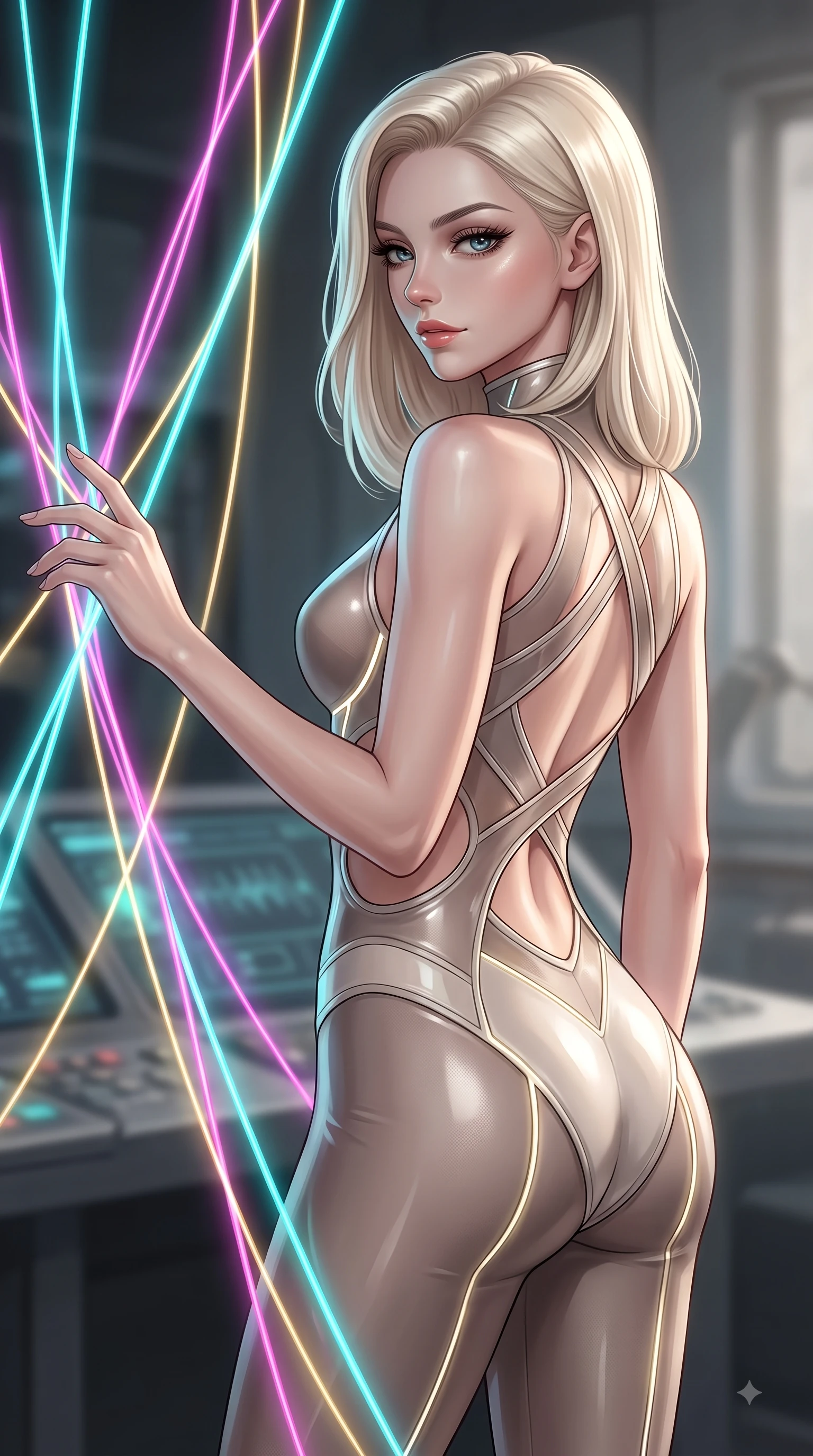 score_9, masterpiece, best quality, ultra-detailed, high-budget anime keyframe, editorial fashion photography, tasteful artistic composition, Caucasian woman. close-up cowboy shot from the waist and thighs up, the character dominates the composition, filling the frame with her large presence, background elements kept in soft focus. Casting a seductive sidelong gaze over her bare shoulder with heavy lashes and a composed half-smile while reaching forward with an arm stretch to touch a cluster of luminescent filament threads, fluorescent cyan, magenta, and gold light threads crossing in 3D space. She has an exceptionally elegant, slender, and willowy female figure with an ultra-slim waist, a gracefully sculpted slender torso, and a refined silhouette. sharp v-shaped jawline, high-bridge nose, intricate jewel-like eyes with depth, thick eyelashes, glossy lips with a natural sheen, flawlessly proportioned anatomical accuracy, natural body alignment, perfectly sculpted elegant limbs, clean dynamic posture without body distortion. wearing a skin-tight cybernetic bodysuit with glowing neon seams and side cutouts in muted taupe and soft ivory, woven from fine semi-opaque sheer organza, complemented by criss-cross back straps highlighting her bare shoulders, the sleek second-skin texture accentuating her magnetic presence. illuminated by the brilliant glow of cyan and gold luminescent plasma threads. ultra-reflective glossy finish, specular highlights, metallic sheen, high-contrast stereoscopic depth, volumetric dynamic lighting, 2k, ultra detail, master piece, 9:16 ratio