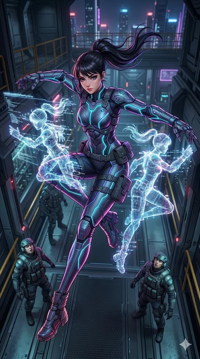 score_9, masterpiece, best quality, ultra-detailed, semi-realistic 3D game render, high-fidelity textures, Unreal Engine 5 style, Korean woman. Extreme high angle shot as she leaps towards the camera, filling the frame. assembling a holographic decoy