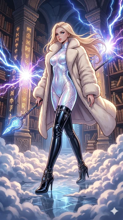 score_9, masterpiece, best quality, ultra-detailed, high-budget anime movie keyframe, cinematic anime lighting, intricate line art, Korean woman. Low angle cowboy shot filling the entire 9:16 frame with her statuesque presence. navigating a sea of cl