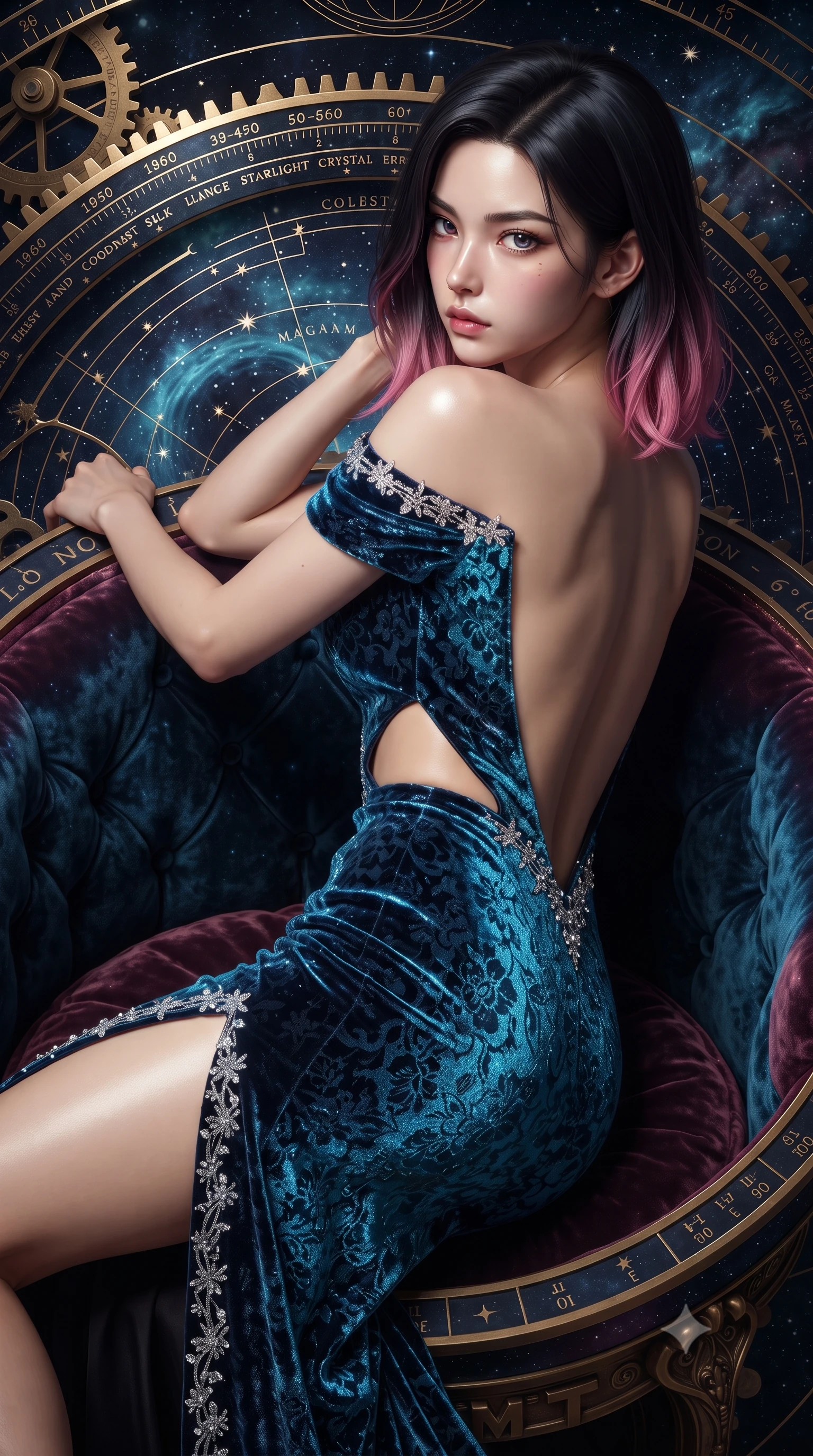 score_9, masterpiece, best quality, ultra-detailed, high-budget anime keyframe, editorial fashion photography, tasteful artistic composition, Korean woman. close-up cowboy shot from the waist and thighs up, the character dominates the composition, filling the frame with her large presence. leaning back with relaxed seductive grace, her sculpted collarbones and narrow waist highlighted as she casts smoldering bedroom-eyes directly into the camera while reclining on a velvet-lined observation platform propped on one elbow, looking back over her shoulder with an intoxicating bedroom-gaze. The surrounding environment is rendered in vivid detail and crisp panoramic clarity. sharp brass gear teeth, engraved celestial coordinate rings, and star map typography in deep focus. She has an exceptionally elegant, slender, and willowy female figure with an ultra-slim waist, a gracefully sculpted slender torso, toned flat midriff, and rounded feminine hips creating an alluring hourglass silhouette. sharp v-shaped jawline, high-bridge nose, intricate jewel-like eyes with depth, thick eyelashes, glossy parted lips with a natural sheen, intensely captivating and seductive bedroom-eyes expression, flawlessly proportioned anatomical accuracy, strict slender model proportions, natural body alignment, perfectly sculpted long slender limbs, ultra-slim waistline, clean dynamic posture without body distortion. wearing an off-shoulder celestial velvet gown with an architectural open-waist cutout and high side slit in electric cyan and deep interstellar black, formed from shimmering floral lace over smooth opaque silk lining, featuring delicate starlight crystal embroidery along the neckline and hem, the dramatically scooped open back descending to the base of her spine, accentuating her razor-sharp statuesque lines and curvy hourglass silhouette. surrounded by a celestial, immortal, and deeply hypnotic cosmos sovereign aura. ultra-reflective glossy finish, specular highlights, rich textural contrasts, high-contrast stereoscopic depth, volumetric dynamic lighting, 2k, ultra detail, master piece, 9:16 ratio