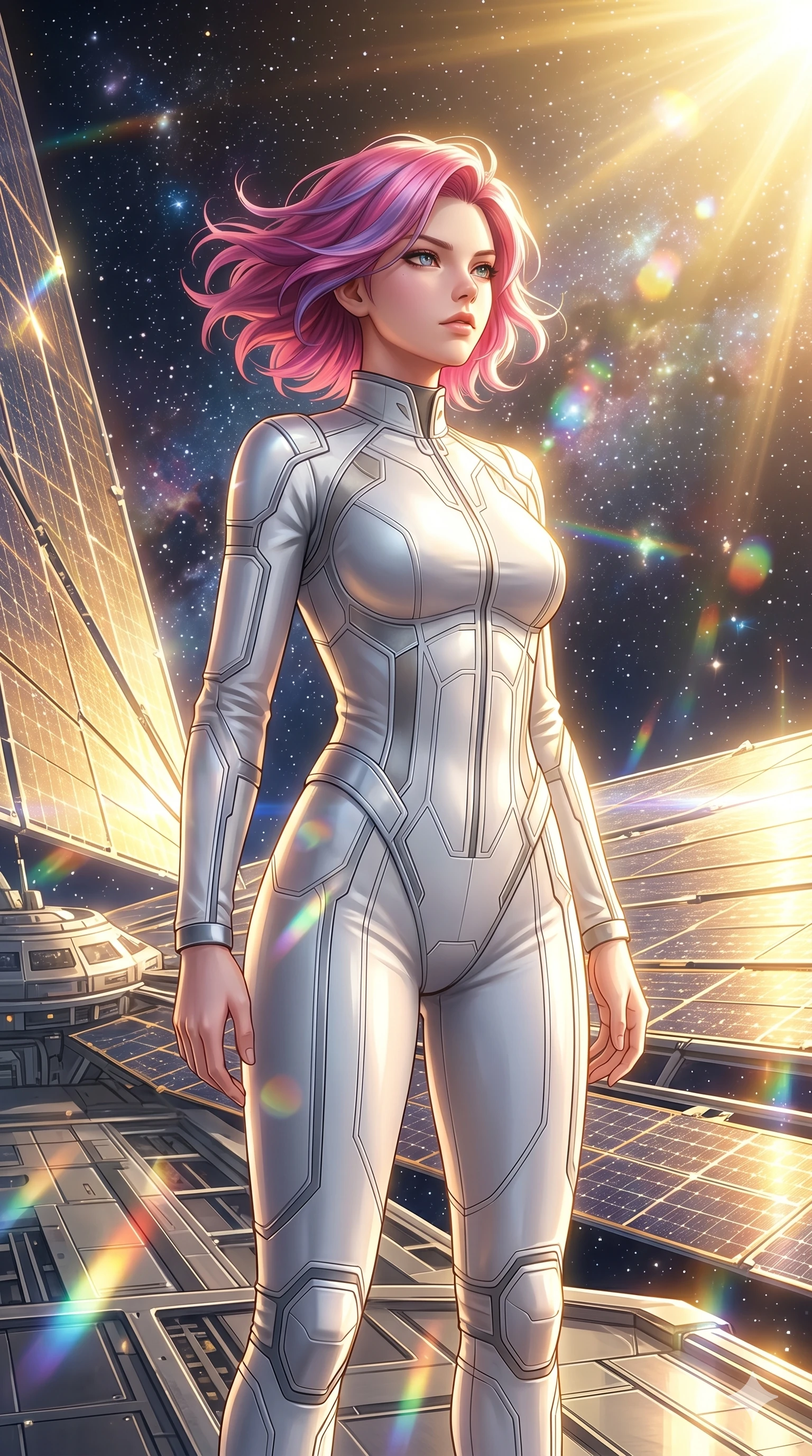 score_9, masterpiece, best quality, ultra-detailed, high-budget anime keyframe, semi-realistic 3D game render, Caucasian woman, strictly human ears. Upper body close-up from the thighs up, character filling the screen for maximum presence. Standing on the solar sail deck of a spaceship, looking out into the cosmos, her hair floating in zero-gravity with a determined look. She is wearing a tailored tech-jumpsuit in white and silver, with structured panel overlays. The scene is drenched in blindingly bright golden solar rays and refracting lens flares. 2k, ultra detail, master piece, 9:16 ratio