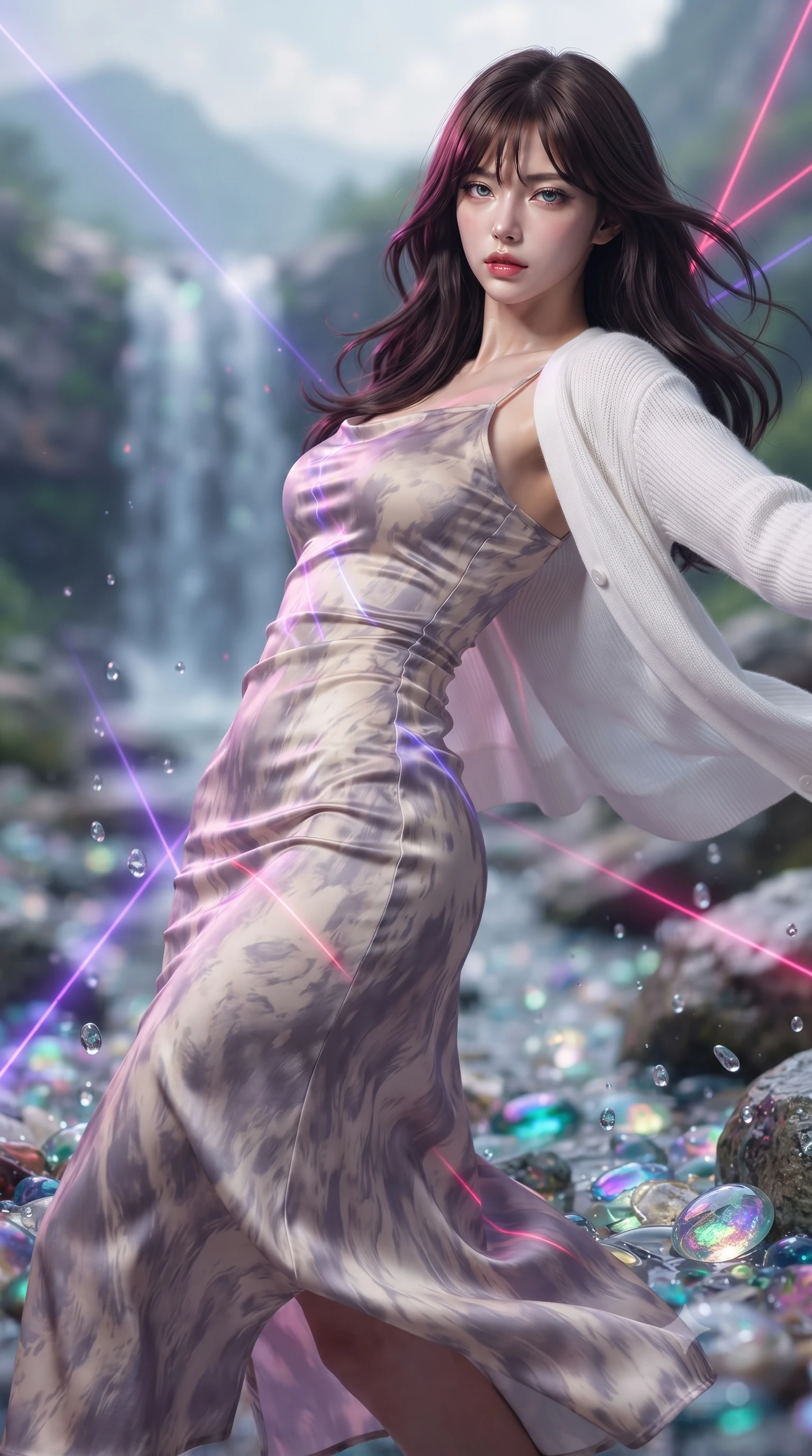 score_9, masterpiece, best quality, ultra-detailed, high-budget anime keyframe, editorial fashion photography, tasteful artistic composition, realistic cosplay photography, Korean woman. close-up cowboy shot from the waist and thighs up, the character dominates the composition, filling the frame with her large presence, background elements kept in soft focus. Leaning back to dodge a fast strike with fluid grace, casting a cold side-glare. set against a soft-focus background of a mountain basin with a waterfall made of liquid crystal, glass pebbles catching and reflecting water droplets. She has an exceptionally elegant and slender, willowy female figure with an ultra-slim waist, a gracefully sculpted slender torso, and a refined slim physique. sharp v-shaped jawline, high-bridge nose, intricate jewel-like eyes with depth, thick eyelashes, glossy lips with a natural sheen. wearing the lightweight fabric rippling and billowing dramatically with her movement, a body-hugging flowing silk maxi dress in a muted lavender and cream print, layered under a white knit cardigan. laser lines of violet and hot pink reflecting off surfaces casting geometric neon highlights. ultra-reflective glossy finish, specular highlights, metallic sheen, high-contrast stereoscopic depth, volumetric dynamic lighting, 2k, ultra detail, master piece, 9:16 ratio