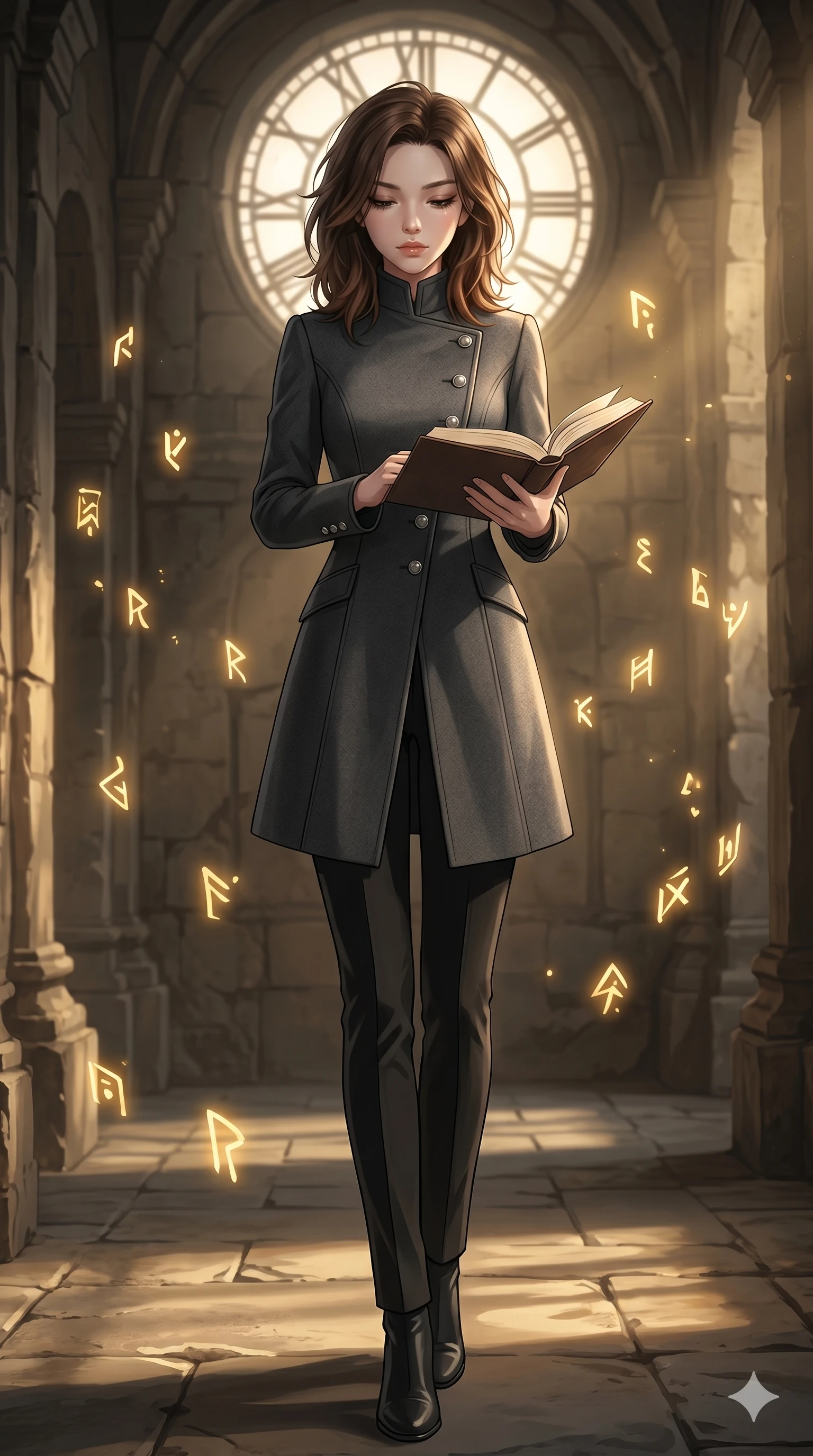 score_9, masterpiece, best quality, ultra-detailed, high-budget anime keyframe, editorial fashion photography, tasteful artistic composition, Korean woman. low angle full-body shot from head to toe showing her feet, filling the entire 9:16 vertical frame with her statuesque presence, stretching her vertical silhouette. holding an open book, looking down with lowered lashes in a composed, intellectual gesture inside a stone temple corridor filled with floating glowing golden runes (Code-P18-044). She has an absolutely perfect 8-heads proportion, an exceptionally tall and slender female figure with impossibly long slender legs and an ultra-slim waist. V-shaped jawline, high-bridge nose, intricate jewel-like eyes with depth, thick eyelashes, glossy lips with a natural sheen. wearing a structured high-neck coat with silver buttons and tailored pants. dramatic chiaroscuro with a single golden key light filtering through the clock face. 2k, ultra detail, master piece, 9:16 ratio