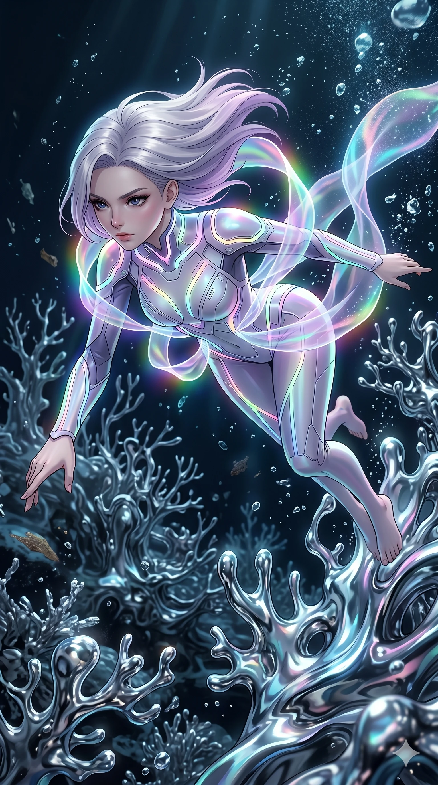 score_9, masterpiece, best quality, ultra-detailed, high-budget anime keyframe, Caucasian woman, strictly human ears. upper body close-up from the thighs up, character filling the screen for maximum presence. diving through a bionic fluid mercury reef where self-replicating liquid chrome corals pulse under dark ocean water. She has an absolutely perfect 8-heads proportion, an exceptionally tall and slender female figure with impossibly long slender legs and an ultra-slim waist. V-shaped jawline, high-bridge nose, intricate jewel-like eyes with depth, thick eyelashes, glossy lips with a natural sheen.. wearing a cybernetic bodysuit with a holographic ribbon, featuring a precision-fitted structured bodysuit wrapped in a translucent flowing holographic organza ribbon. enhanced by a luminous pastel spectrum glow, casting elegant rim lights on her shoulders and jawline. 2k, ultra detail, master piece, 9:16 ratio