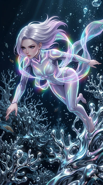 score_9, masterpiece, best quality, ultra-detailed, high-budget anime keyframe, Caucasian woman, strictly human ears. upper body close-up from the thighs up, character filling the screen for maximum presence. diving through a bionic fluid mercury ree
