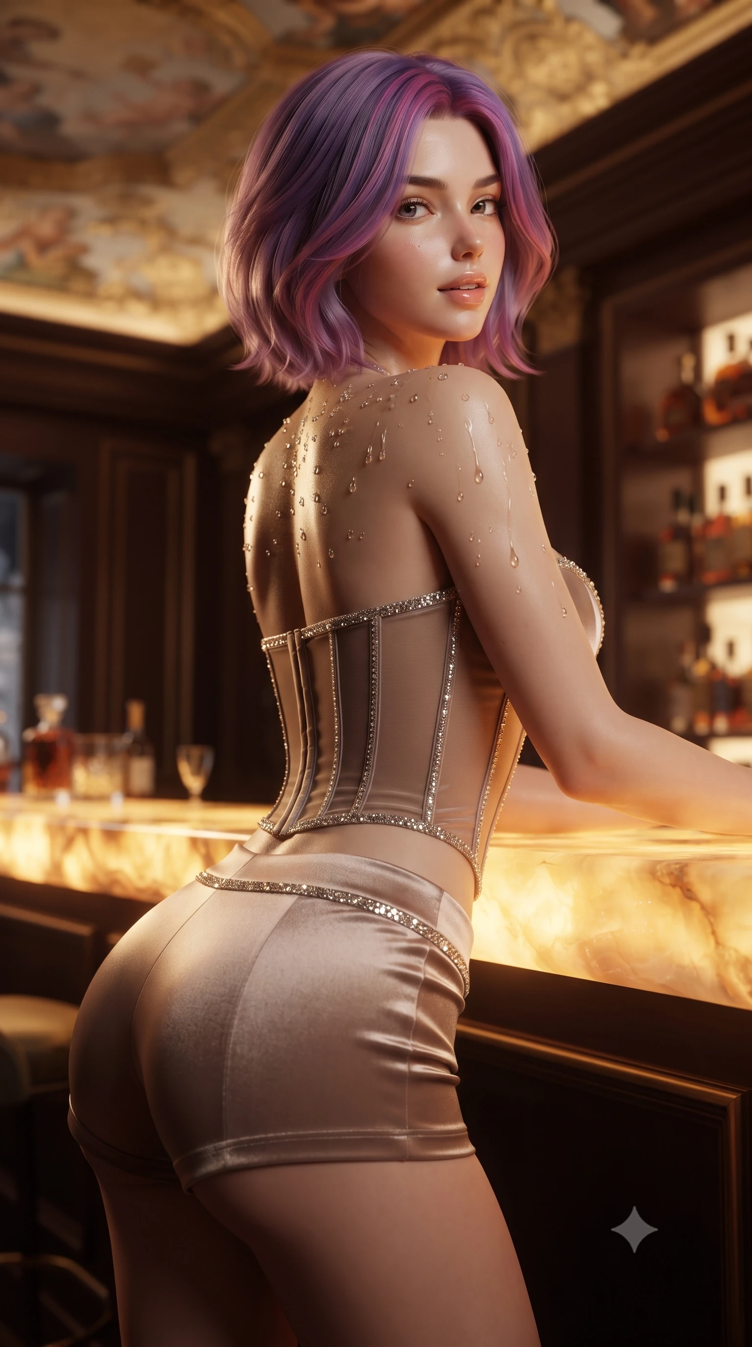 score_9, masterpiece, best quality, ultra-detailed, high-budget anime keyframe, editorial fashion photography, tasteful artistic composition, Caucasian woman. close-up cowboy shot from the waist and thighs up, the character dominates the composition, filling the frame with her large presence. posing in an alluring rear three-quarter angle, looking over a bare shoulder with parted glossy lips, her hips cocked back to highlight her slim hourglass curve while leaning against the glowing honey-onyx private bar with hips cocked back, arching her lower back with magnetic high-roller allure. The background shows a soft-focus gilded ceiling frescoes, dark mahogany moldings, and shelves of rare cognacs blurred into honey, topaz, and deep mahogany bokeh. She has an exceptionally elegant, slender, and willowy female figure with an ultra-slim waist, flat toned midriff, narrow ribcage, and sculpted feminine hips creating an alluring, slim hourglass silhouette without bulk. sharp v-shaped jawline, high-bridge nose, sparkling eyes with hypnotic seductive depth, thick curled eyelashes, glossy parted lips with a natural dewy peach sheen, alluring bedroom-eyes with an enchanting coquettish smile, exuding magnetic siren charisma and sophisticated glamour, flawlessly proportioned anatomical accuracy, strict slender model proportions, natural body alignment, perfectly sculpted long slender limbs, ultra-slim waistline, clean dynamic posture without body distortion. wearing a strapless boned satin corset bodice paired with low-waisted tailored satin hot-pants in sheer dusky champagne and glistening crystal trims, tailored from ultra-plush velvet with rich tactile depth and deep shadow gradients, finished with glistening drops of pool water beading across her sculpted shoulders and collarbones, the liquid-tight tailored fabric clinging flawlessly to her narrow waist and rounded feminine hips, emphasizing every millimeter of her sculpted slim hourglass curves without any bulky heaviness. bathed in warm intimate glow radiating upward through the translucent honey-onyx bar top. ultra-reflective glossy finish, specular highlights, rich textural contrasts, high-contrast stereoscopic depth, volumetric dynamic lighting, 2k, ultra detail, master piece, 9:16 ratio